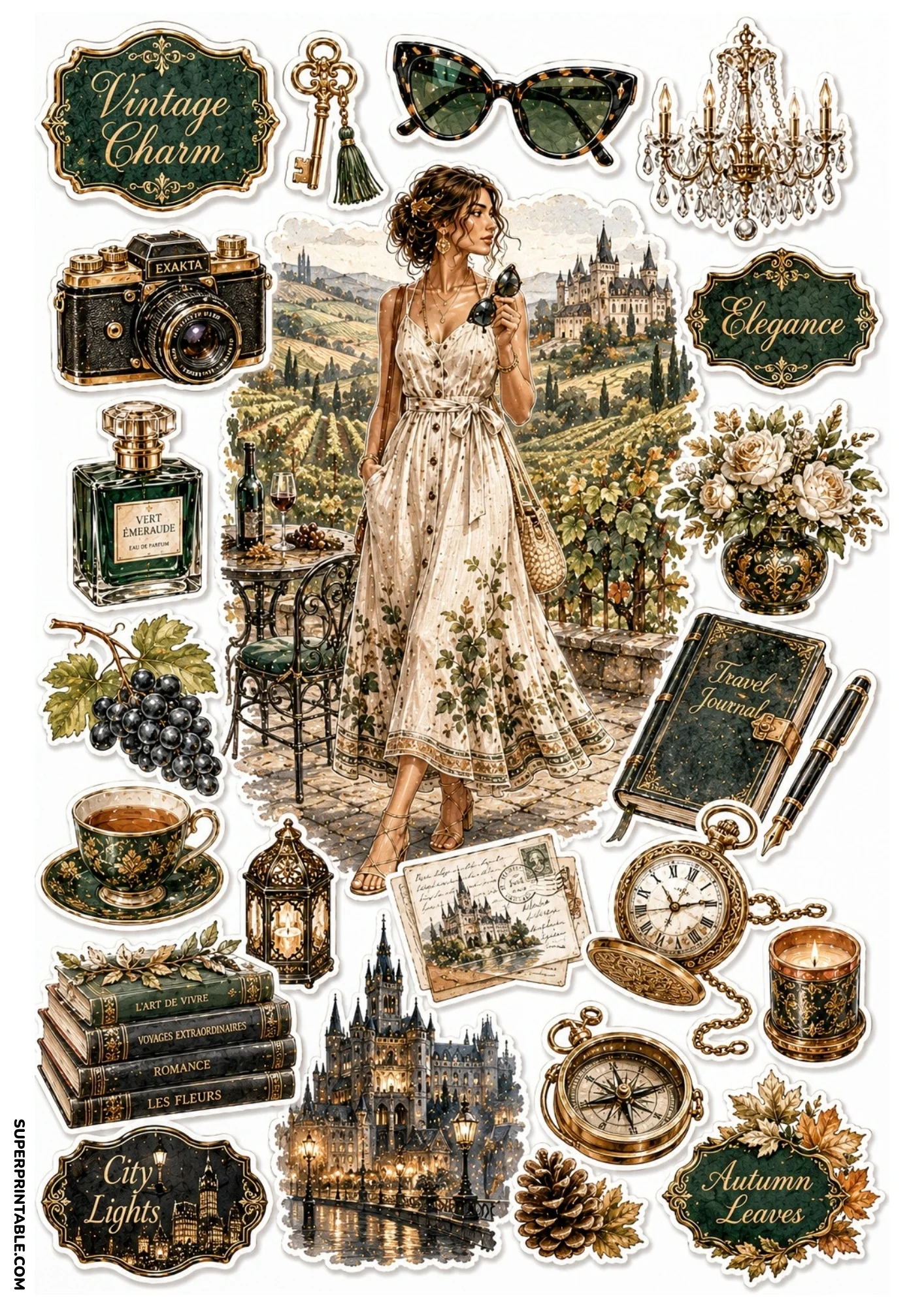Sticker sheet page showing a woman in a white dress in a vineyard overlooking a hilltop castle, along with night castle views, cameras, and vintage postcards.