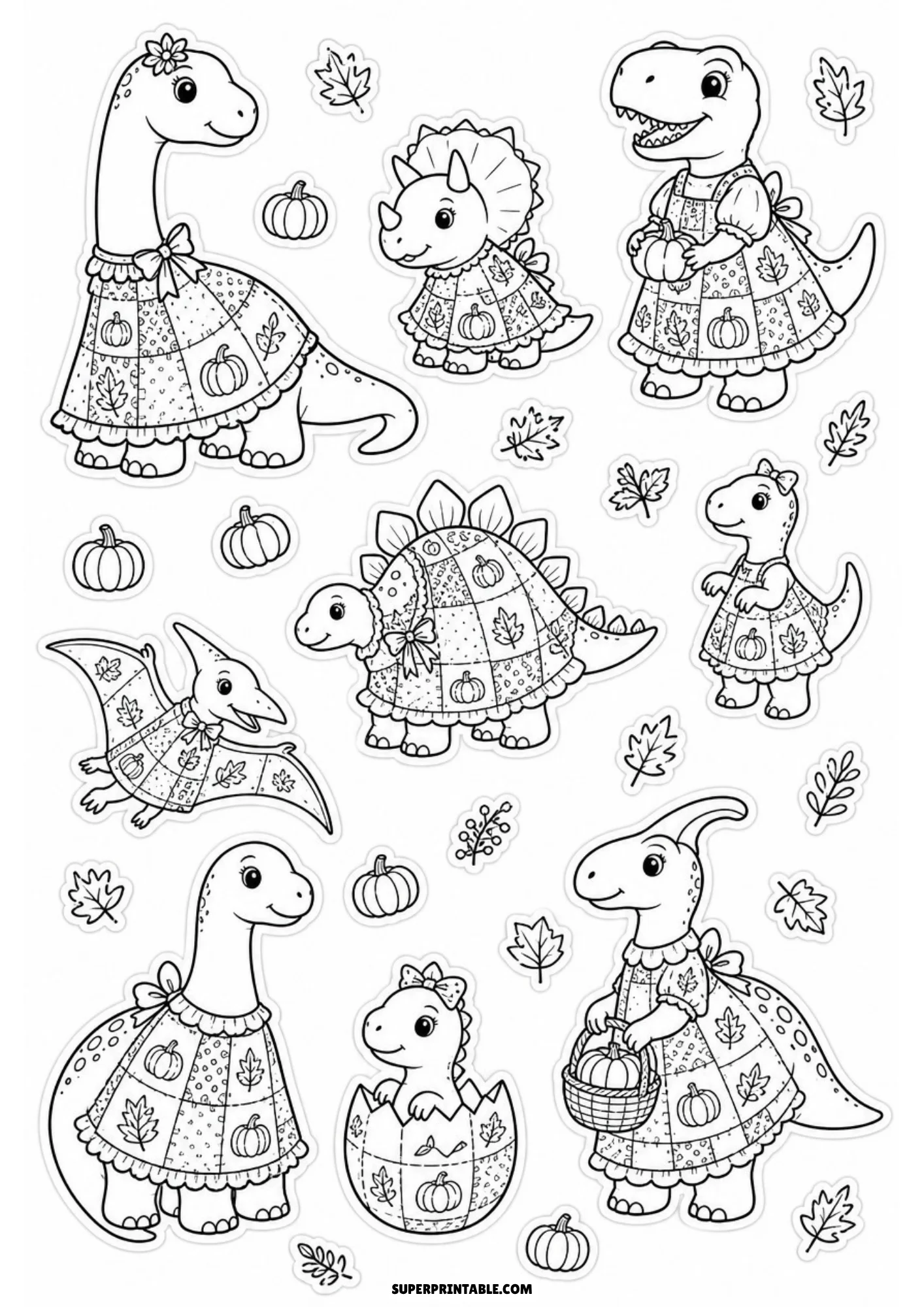 Black and white line art sticker page of cute dinosaurs dressed in pumpkin pattern dresses alongside falling leaves and small pumpkins.
