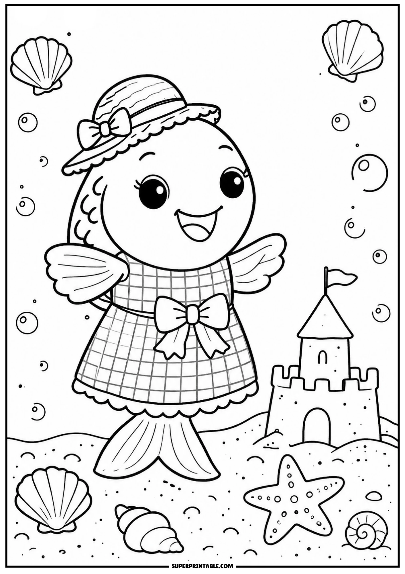 A line drawing of a fish wearing a woven straw hat and checkered dress, standing on the sandy seabed next to a sandcastle and a starfish.