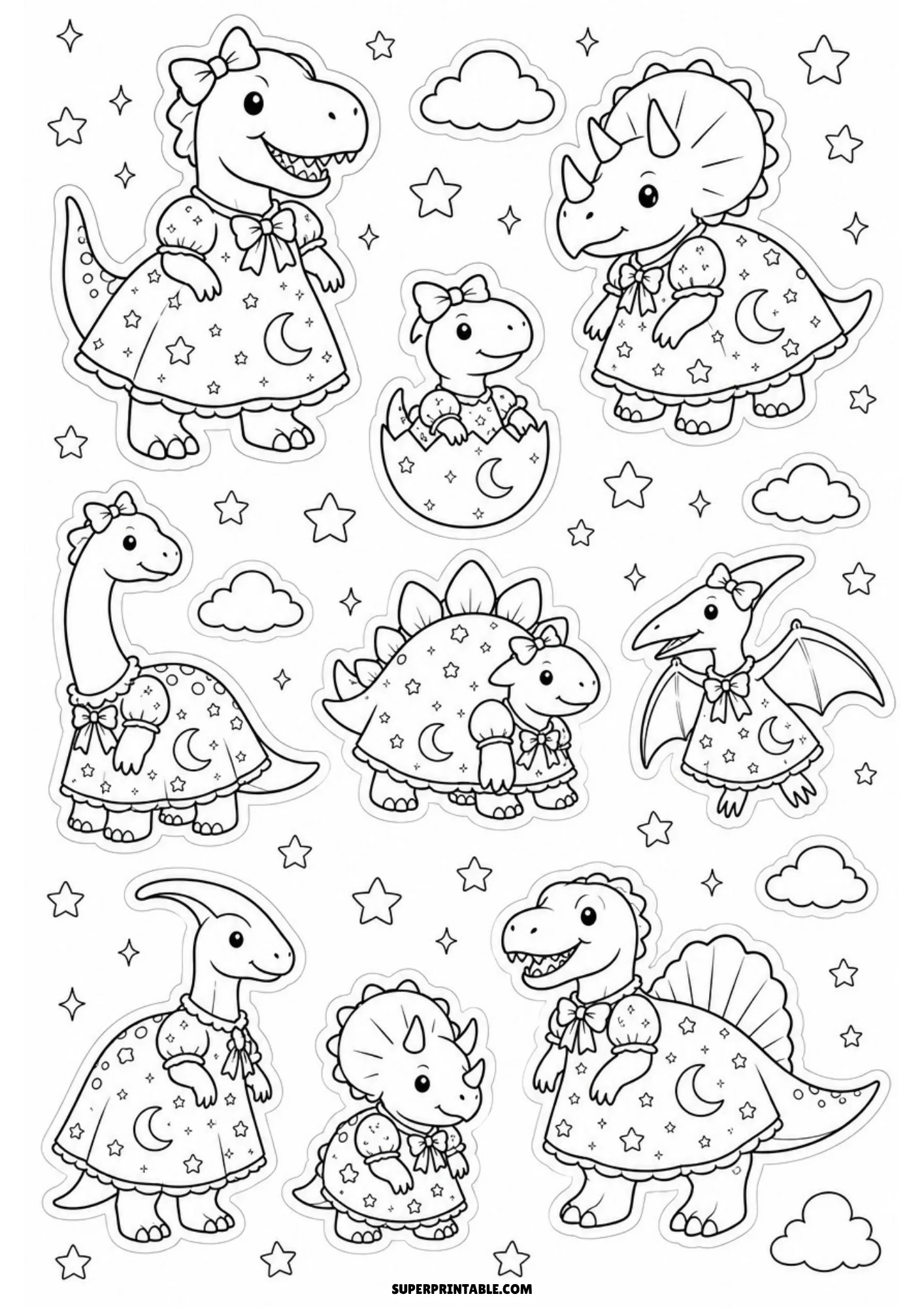 Line art sticker sheet of cozy dinosaurs wearing star and moon nightgowns, set against floating stars and soft clouds.