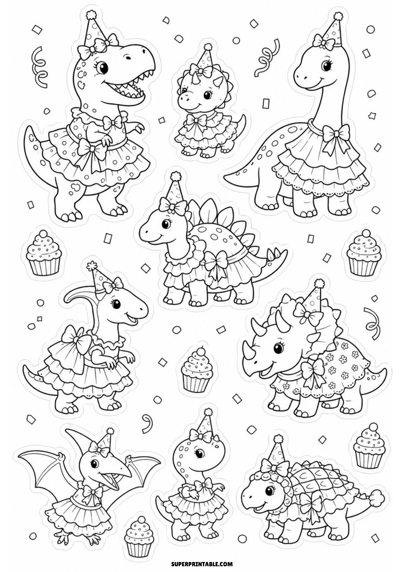 Line art sticker collection of party dinosaurs wearing pointy party hats and ruffled dresses surrounded by frosted cupcakes and confetti.