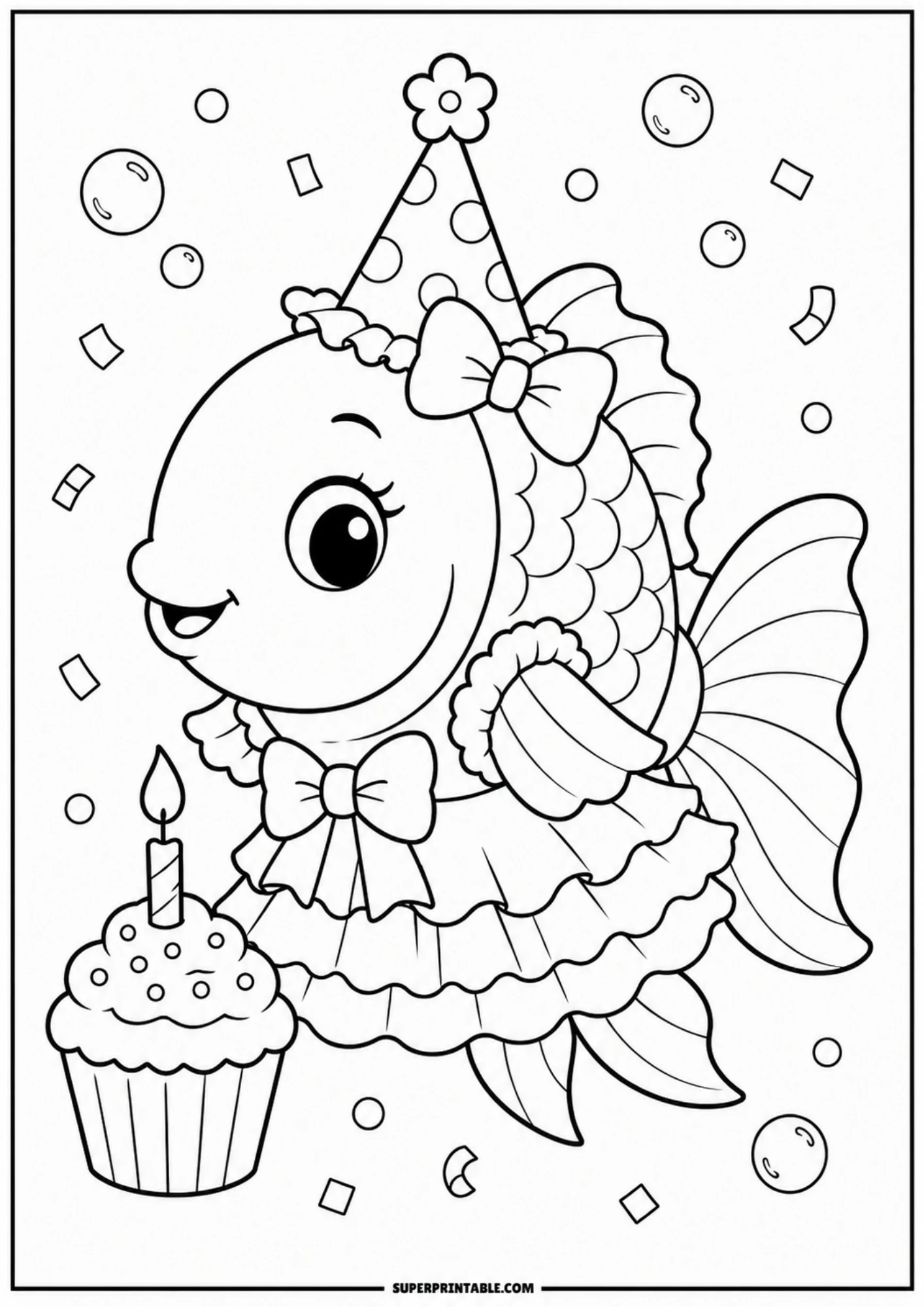 A line drawing of a fish wearing a cone-shaped party hat and a tiered dress, next to a cupcake with a single burning candle and floating confetti.
