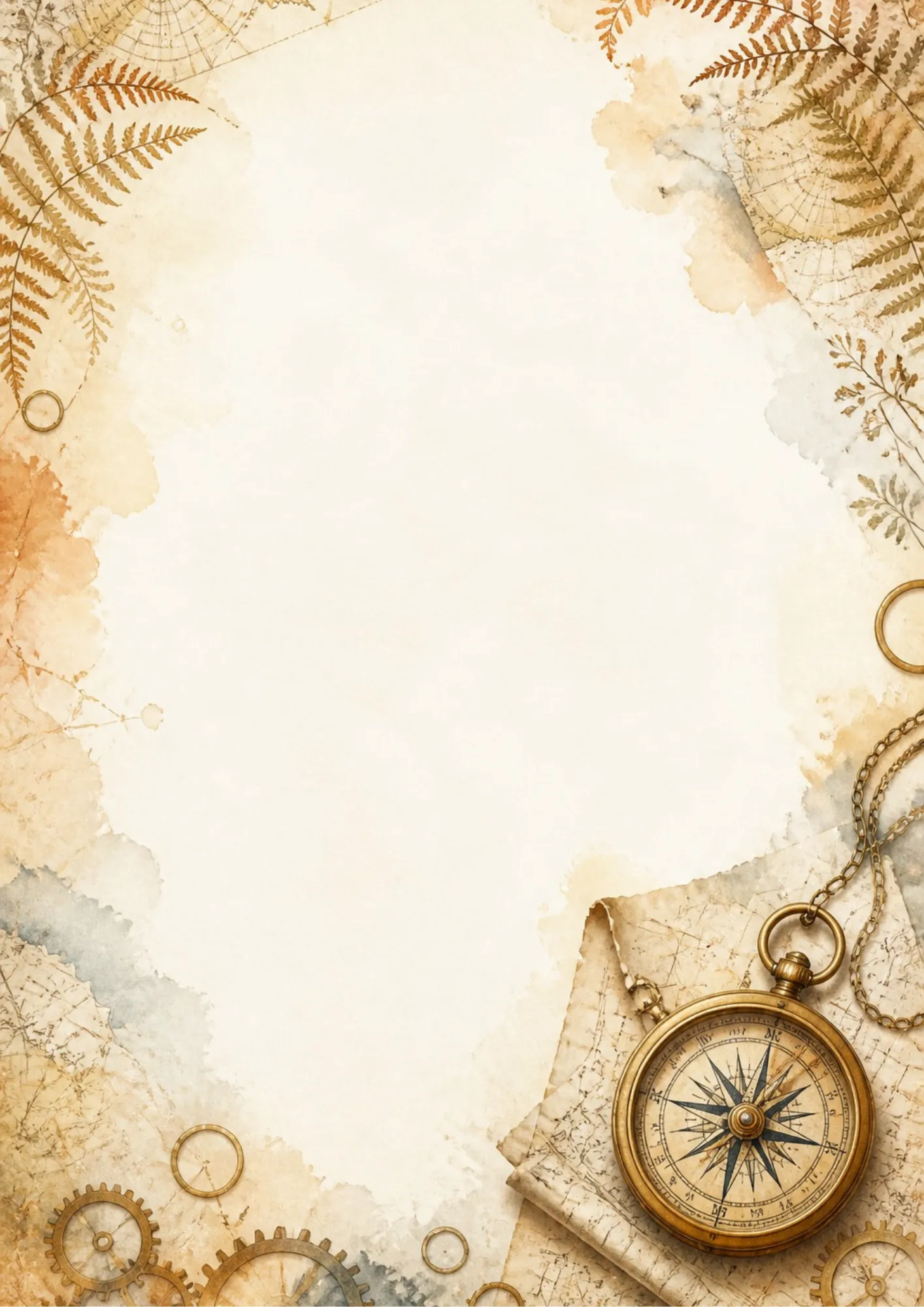 An antique writing page featuring a brass compass pendant resting on old parchment maps, with vintage gears and dried ferns.