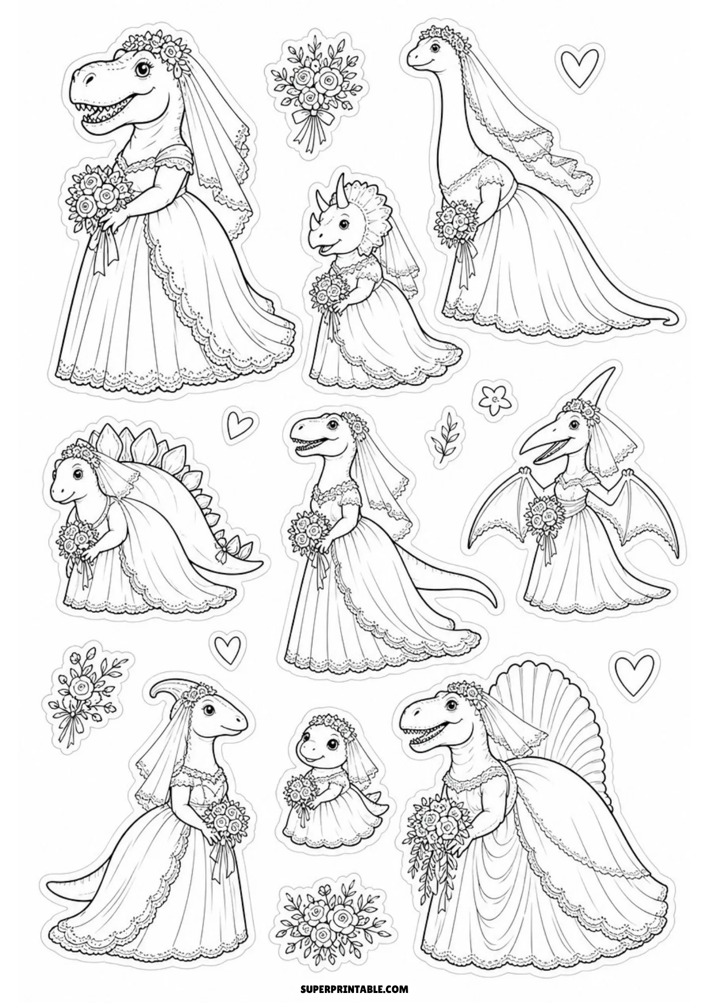 Black and white line art sticker sheet of dinosaurs wearing bridal gowns and veils with flower bouquets, small hearts, and floral sprigs.
