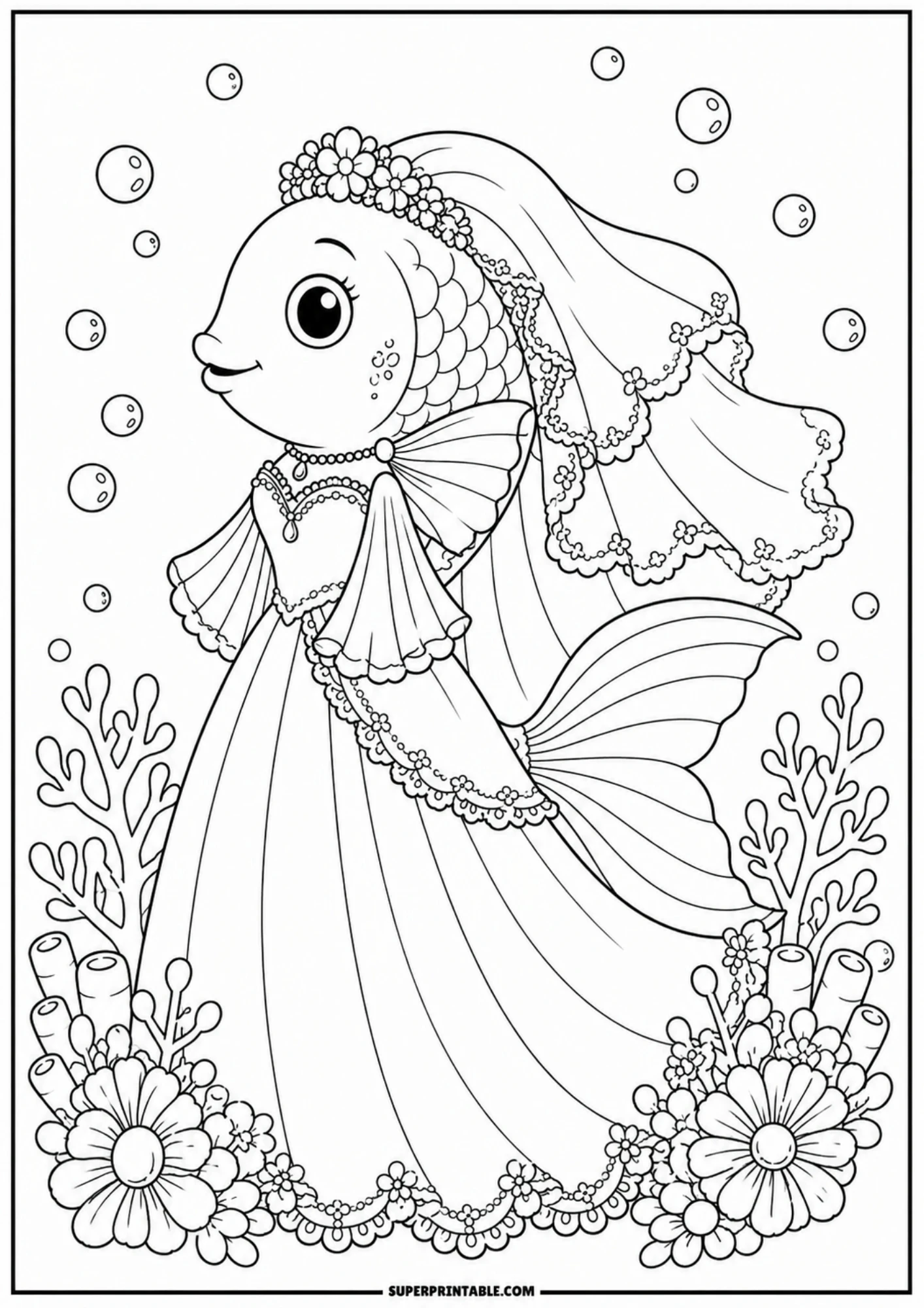 A line drawing of a bride fish in a long wedding gown with a lace trim and a flowery veil, swimming among blooming sea flowers.