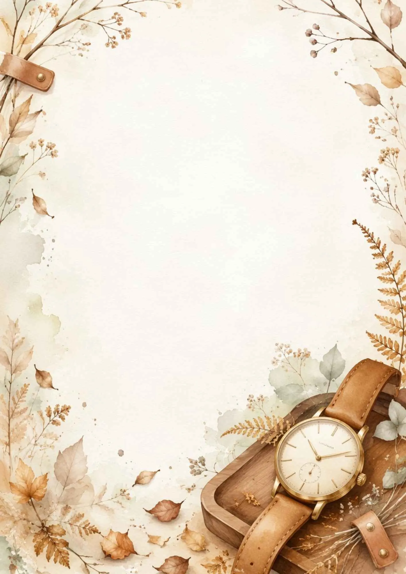 A vintage writing page showing a classic watch with a brown leather strap and gold case on a wooden tray.