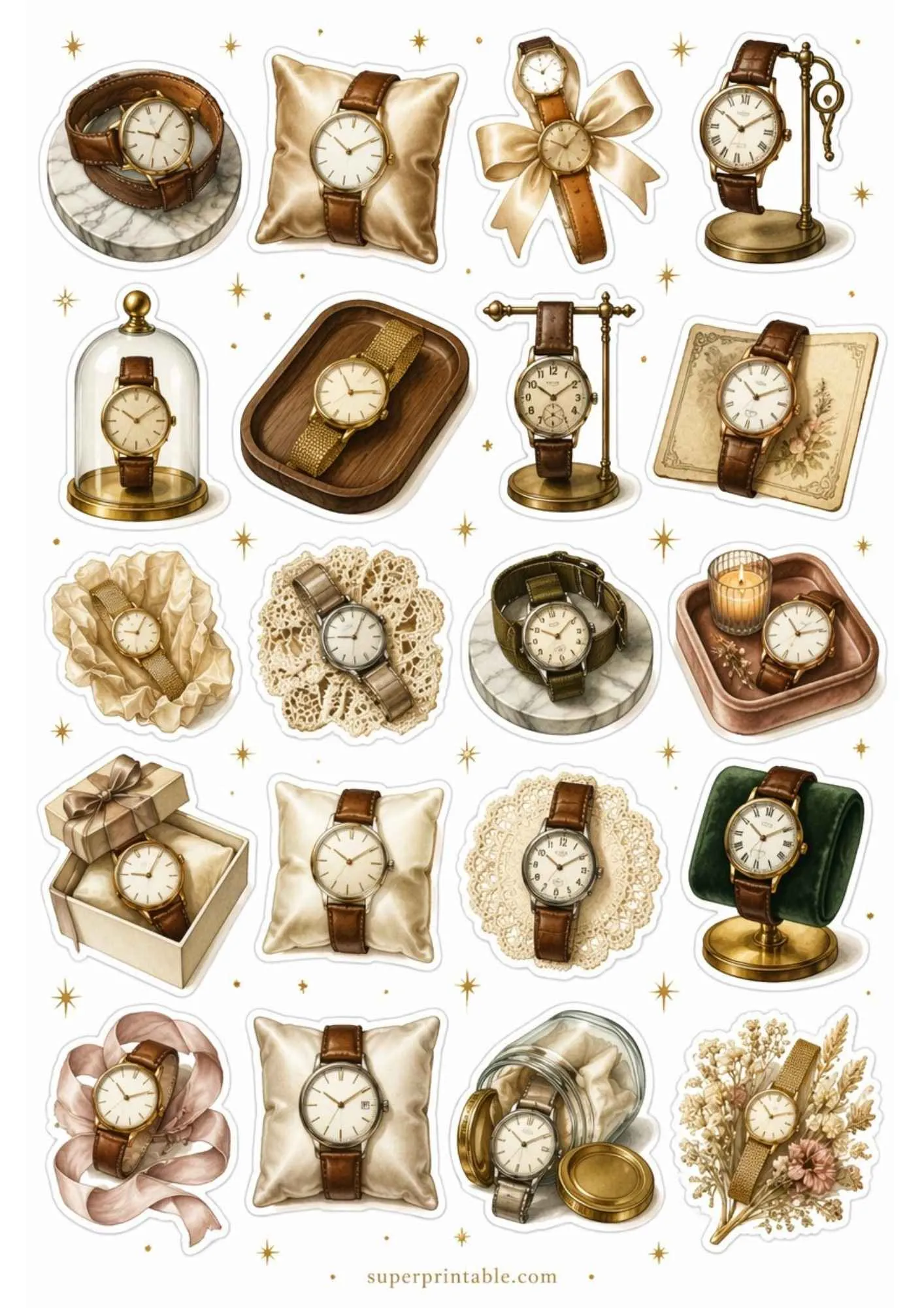 A sheet of printable stickers showing vintage watches with brown leather straps and gold cases, resting on velvet and wooden trays.