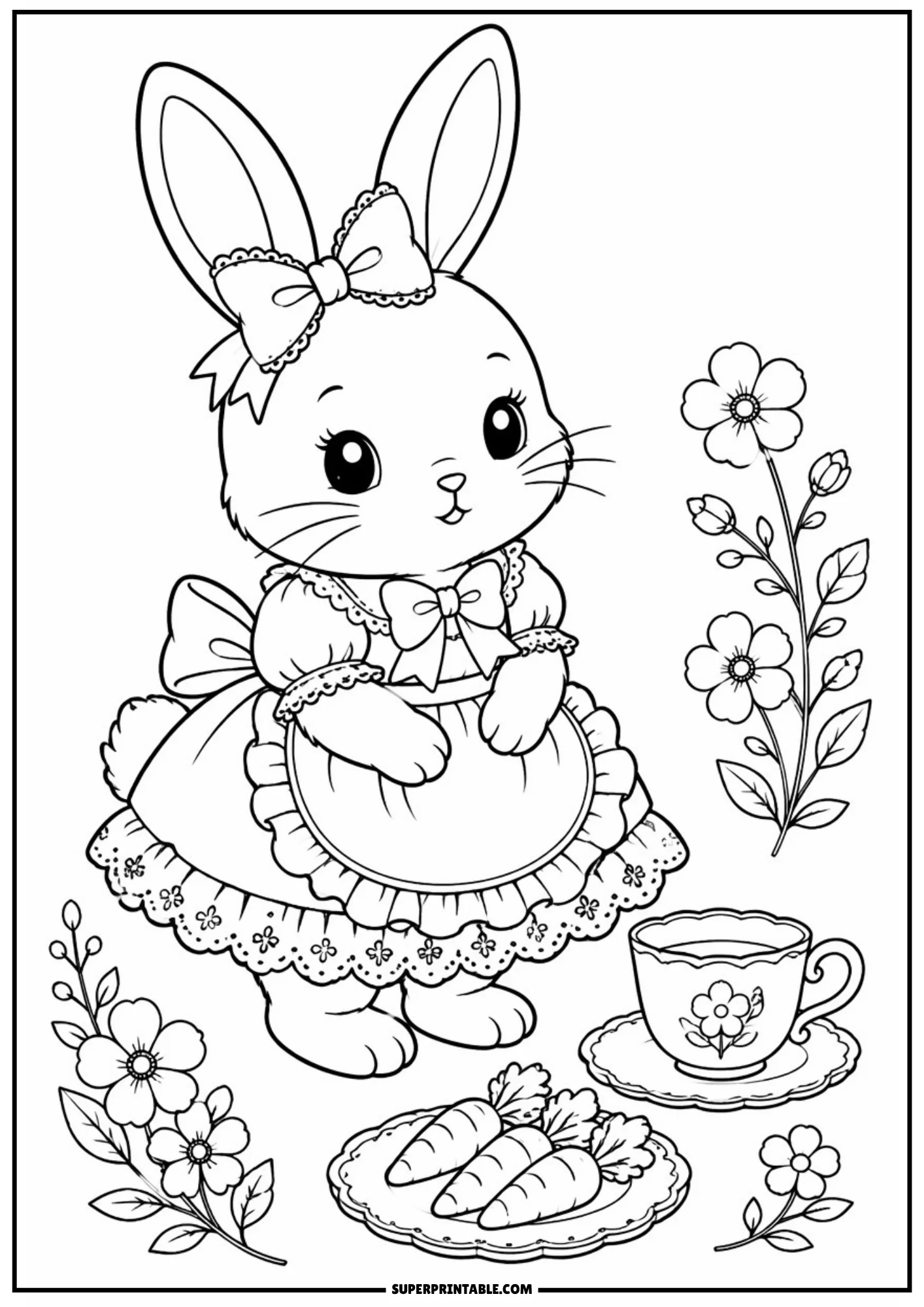 A coloring page of a rabbit wearing a ruffled apron over her dress, standing near a teacup on a saucer and a plate of three carrots.