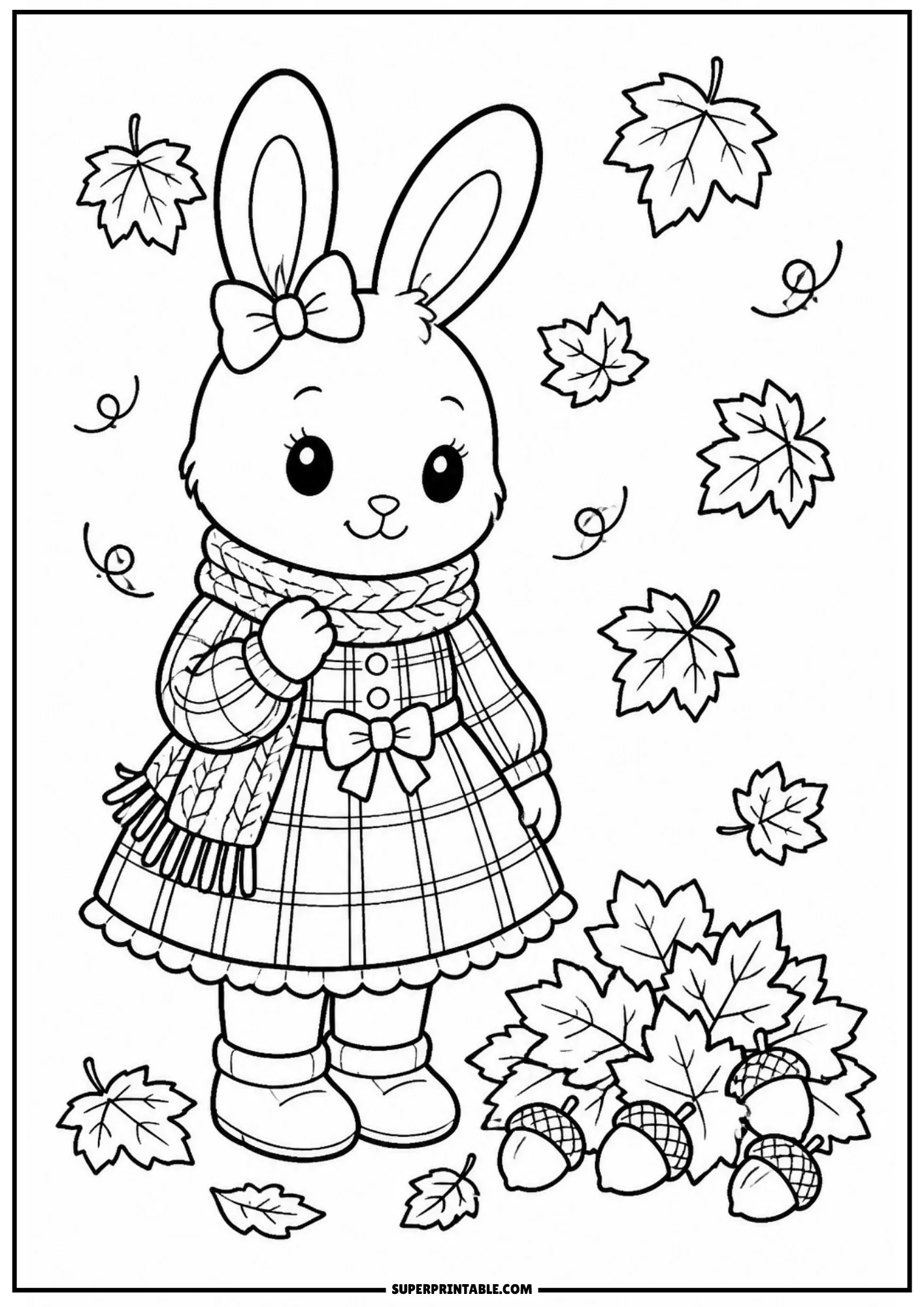 A coloring page of a sweet rabbit dressed in a warm plaid dress, a knitted scarf, and winter boots, surrounded by falling maple leaves and acorns.