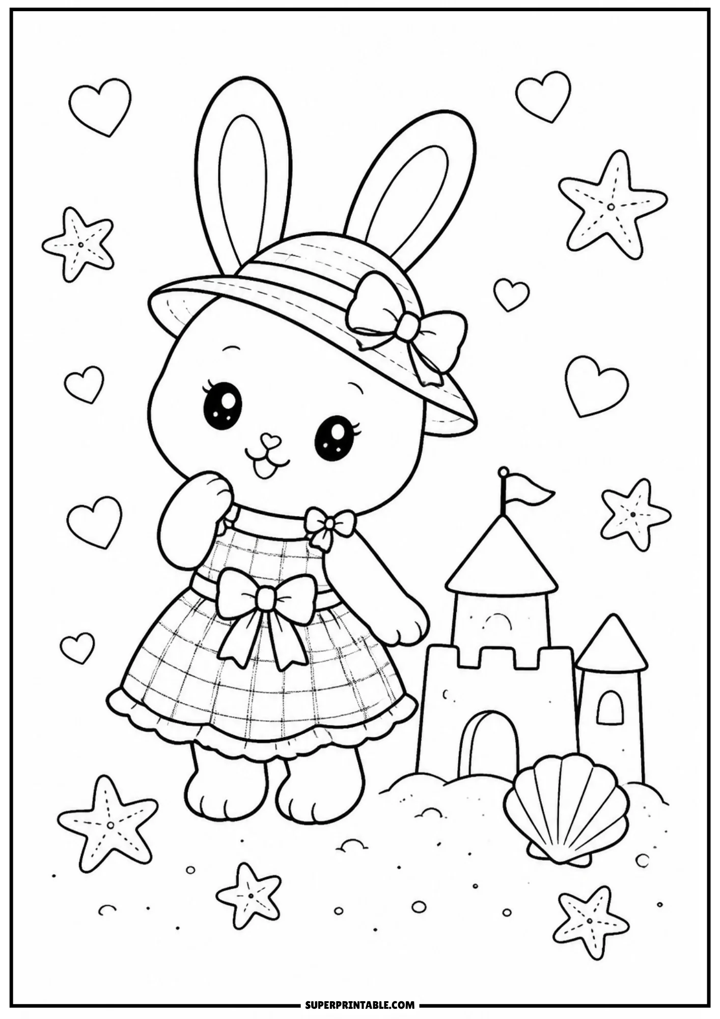 A coloring page showing a rabbit wearing a sunhat and plaid dress standing on a beach next to a sandcastle, with a seashell and starfish.