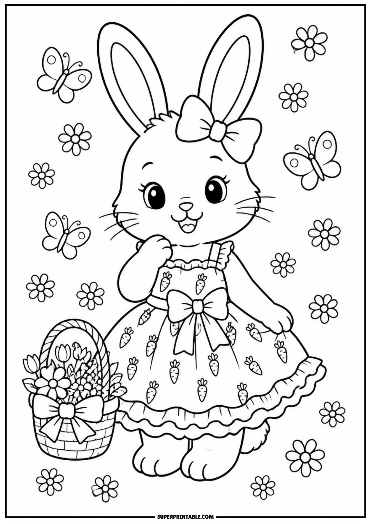 A coloring page showing a cute vintage rabbit in a dress with a carrot pattern, standing next to a basket full of flowers under flying butterflies.