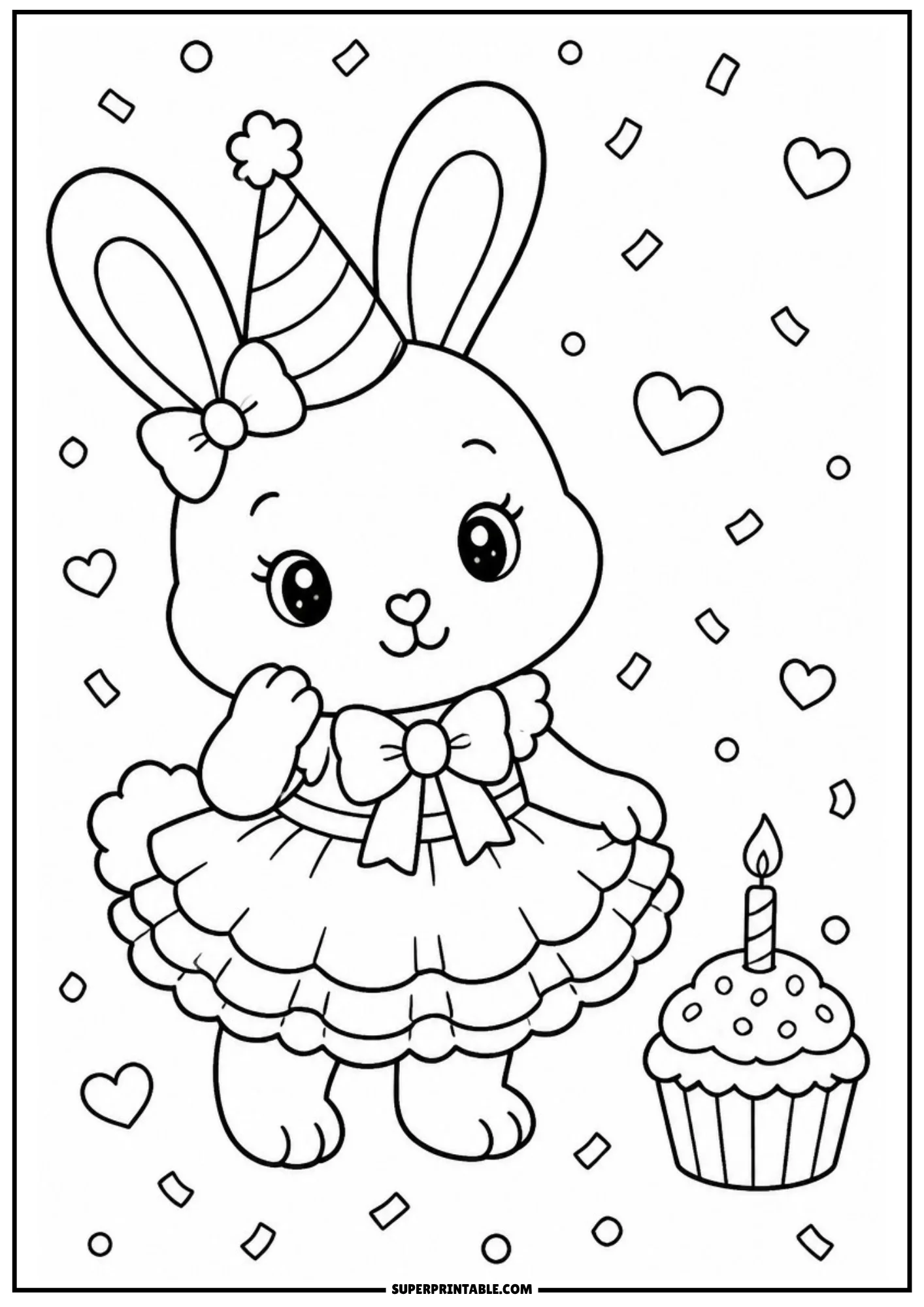 A coloring page of a cute bunny in a striped party hat and ruffled dress, standing next to a birthday cupcake with a single burning candle and falling confetti.