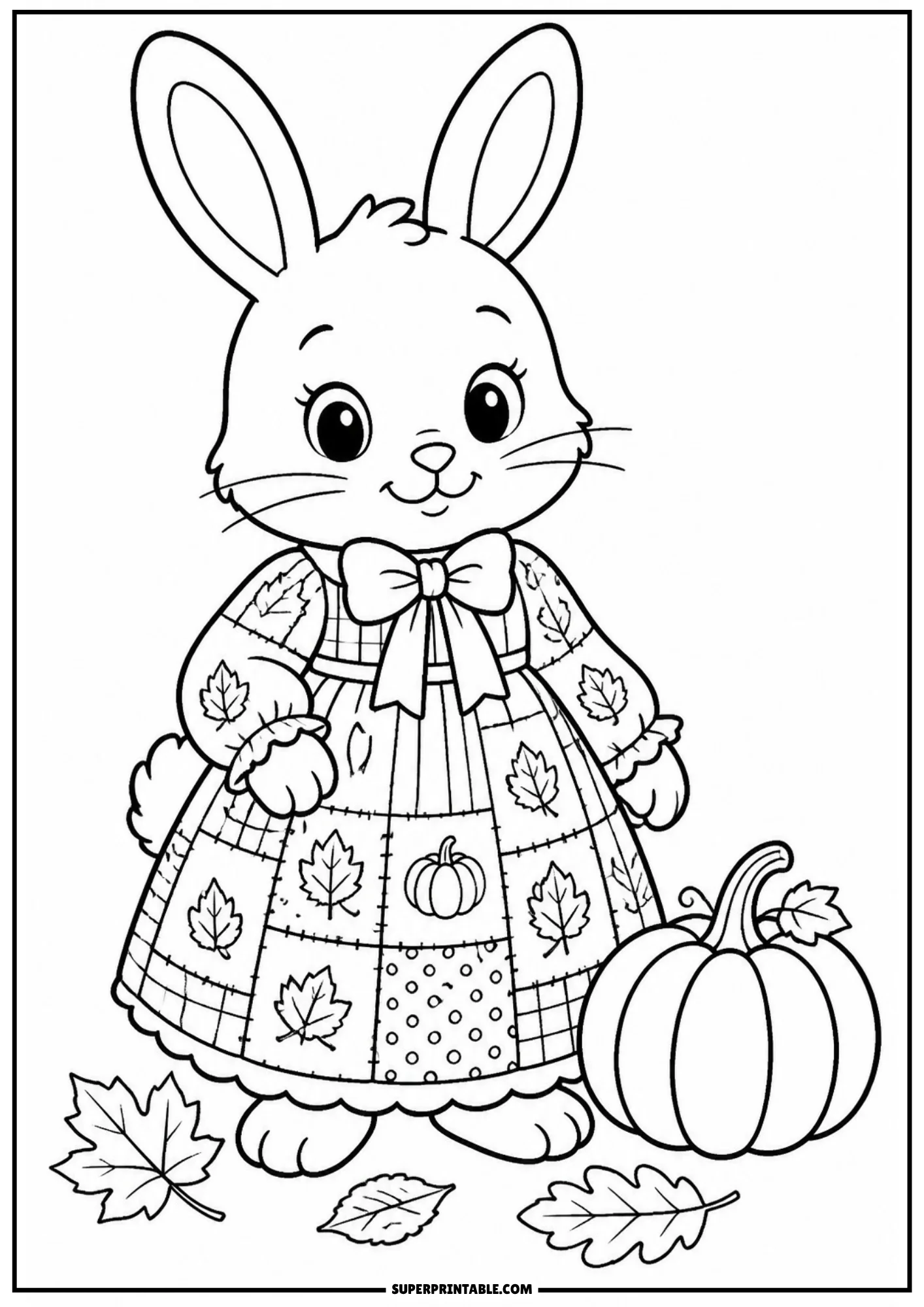 A coloring page of a rabbit in a patchwork leaf-patterned dress standing next to a round pumpkin, surrounded by falling autumn leaves.