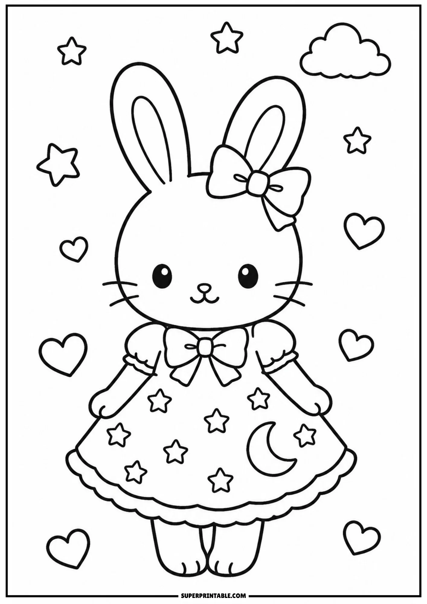A coloring page of a sweet rabbit wearing a bedtime dress with stars and a crescent moon, surrounded by floating hearts and a cloud.