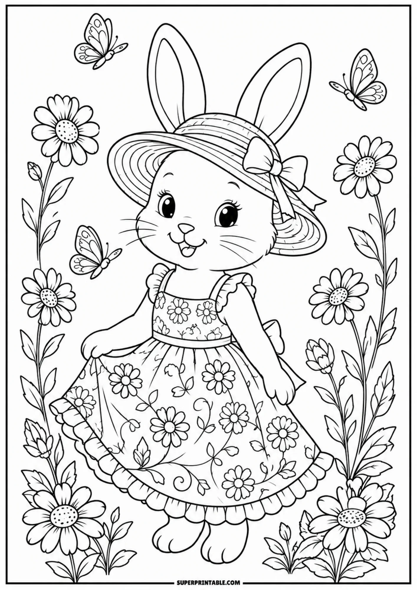 A coloring page of a cute bunny in a floral dress and a straw sunhat with a bow, standing in a grassy field of blooming daisy flowers.