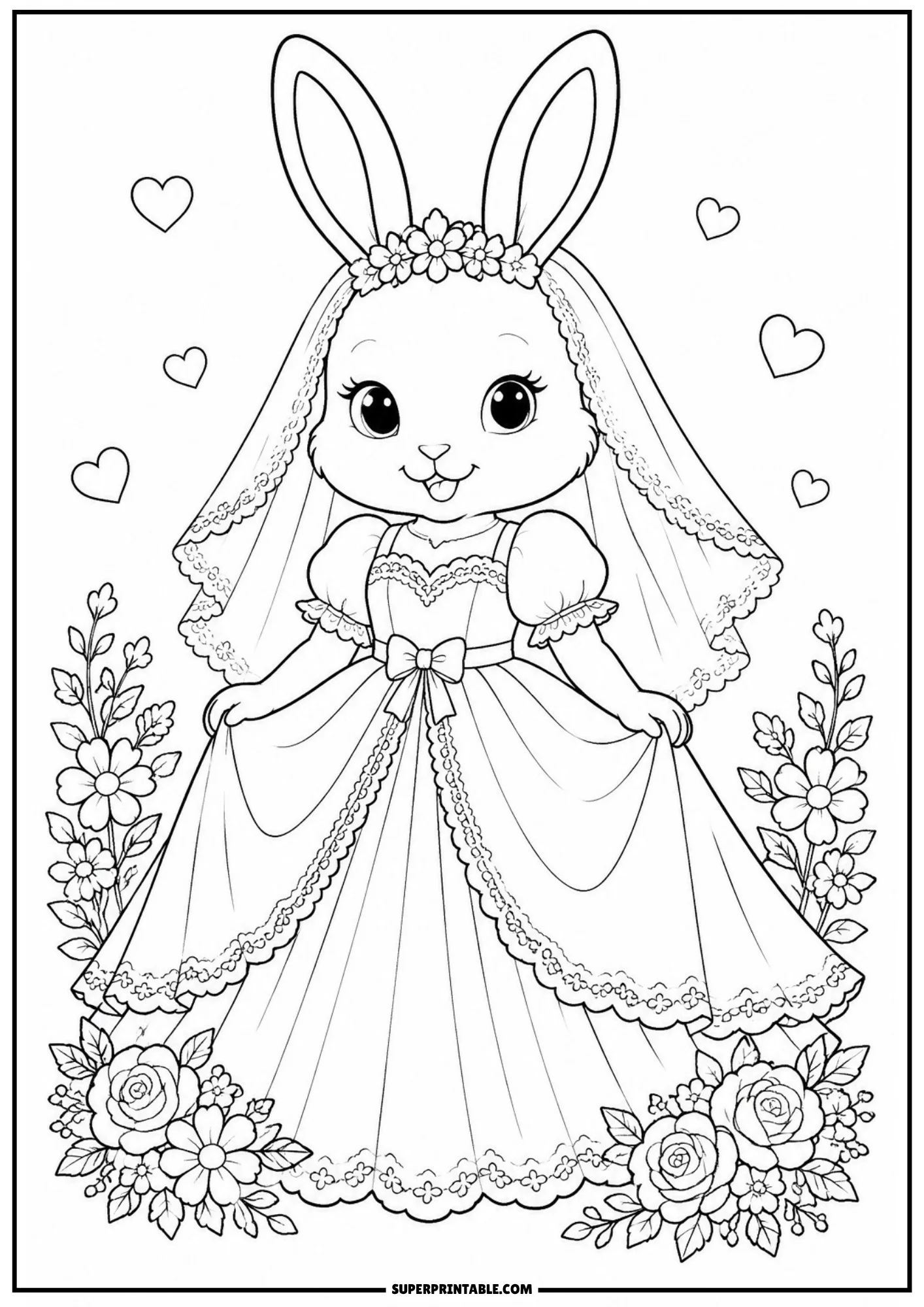 A coloring page of a lovely rabbit bride wearing a long wedding dress and a floral lace veil, surrounded by roses and hearts.
