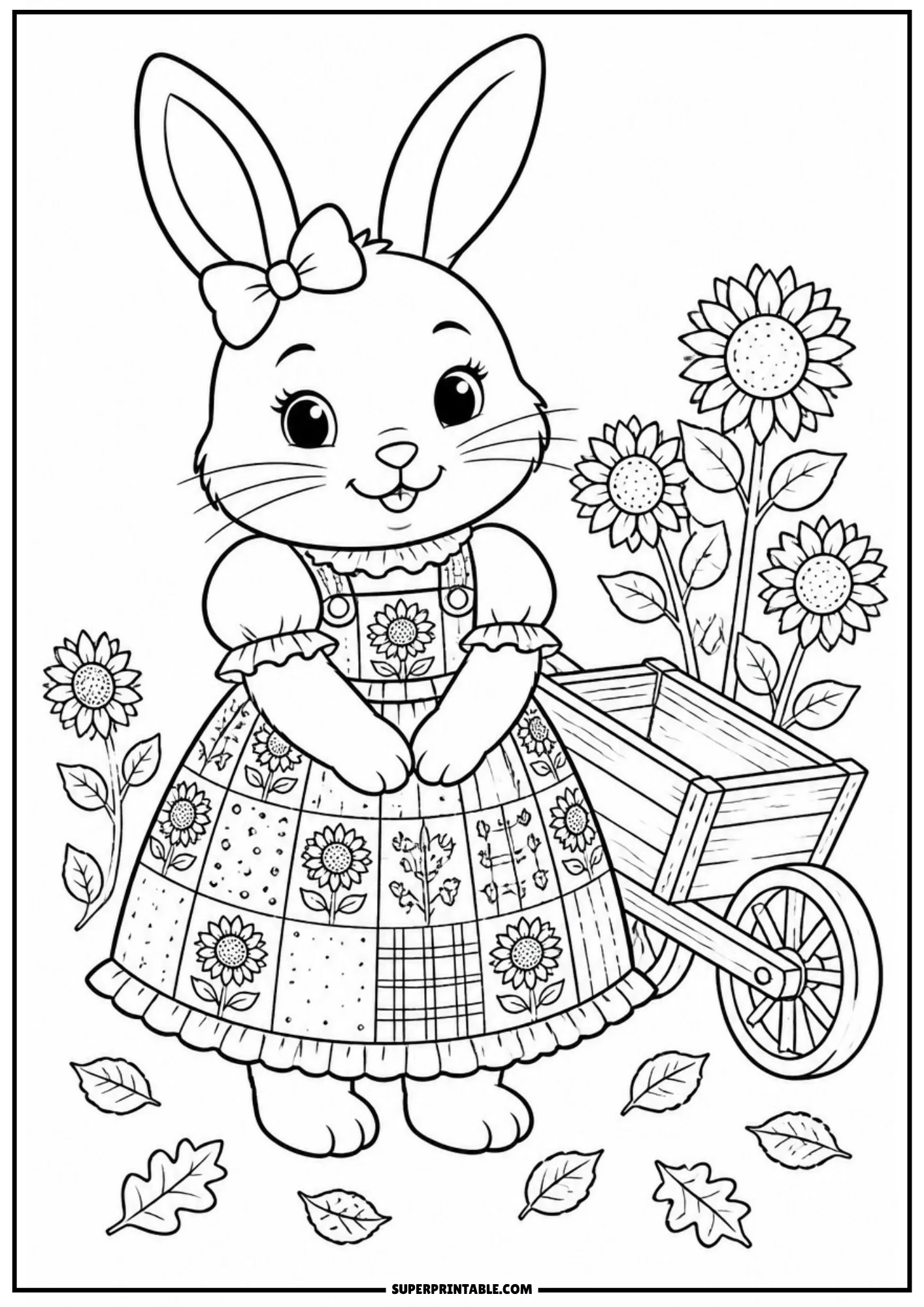 A coloring page depicting a cute rabbit in a sunflower patchwork dress next to a wooden wheelbarrow, with tall sunflowers growing in the background.