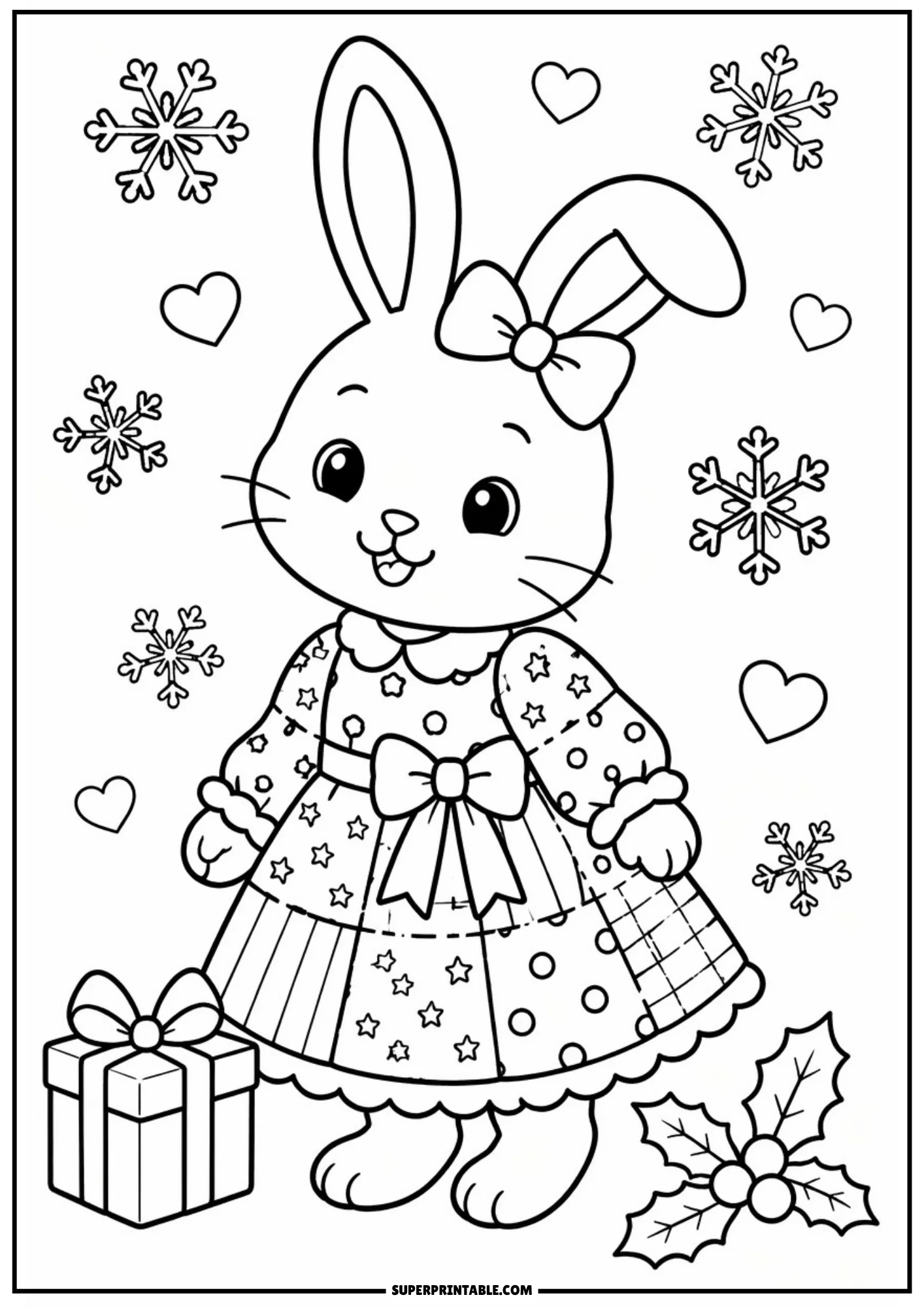 A coloring page featuring a bunny in a starry winter dress and a bow, standing next to a wrapped present box with falling snowflakes in the background.
