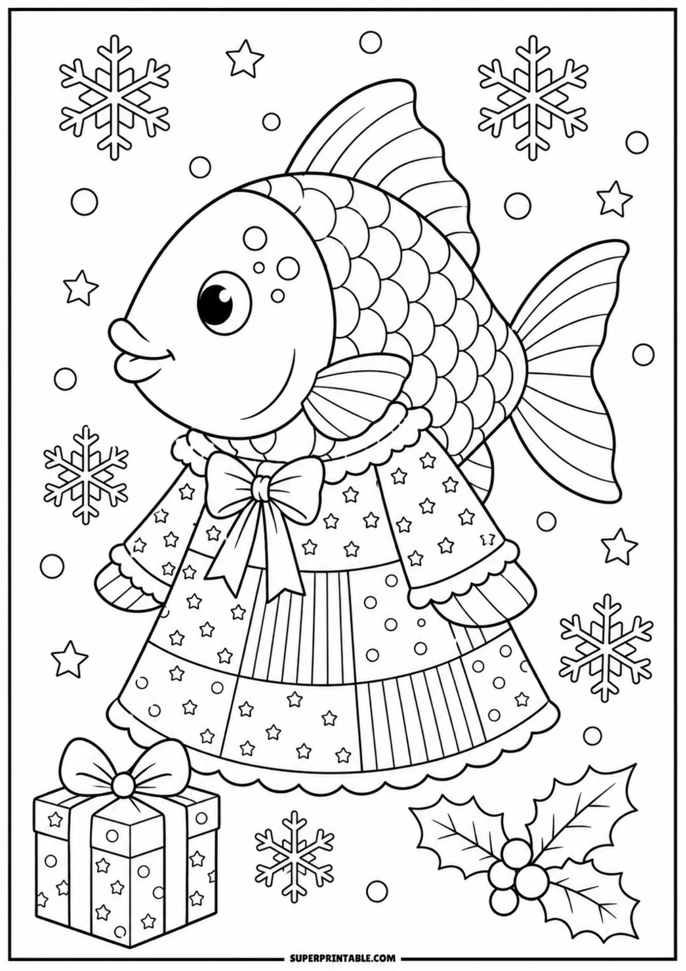 A line drawing of a fish wearing a warm winter dress, with a wrapped gift box, holly leaves with berries, and large snowflakes in the background.