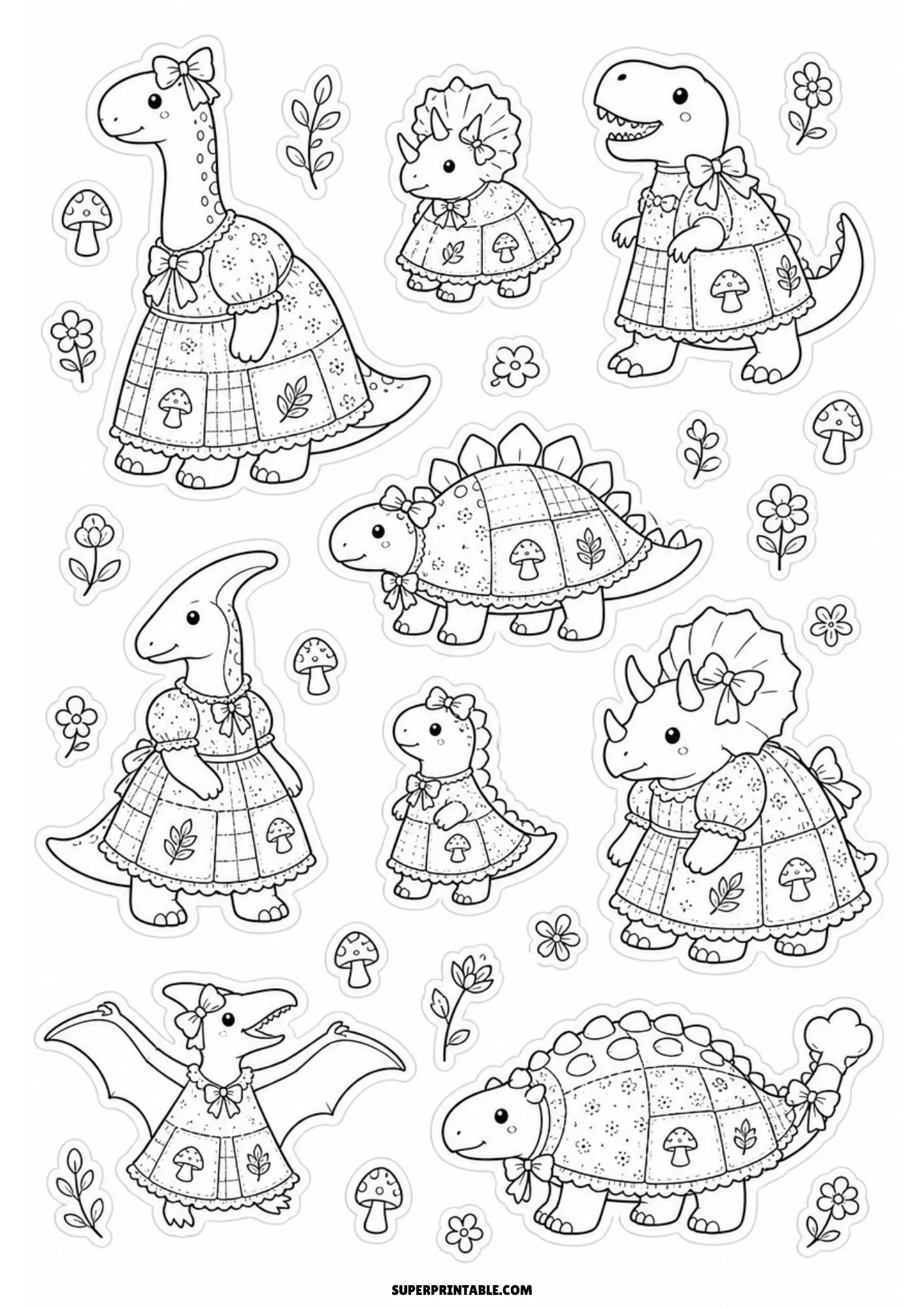 Black line drawing sticker page showing cartoon dinosaurs wearing vintage patchwork aprons and dresses, accompanied by small mushrooms and flowers.