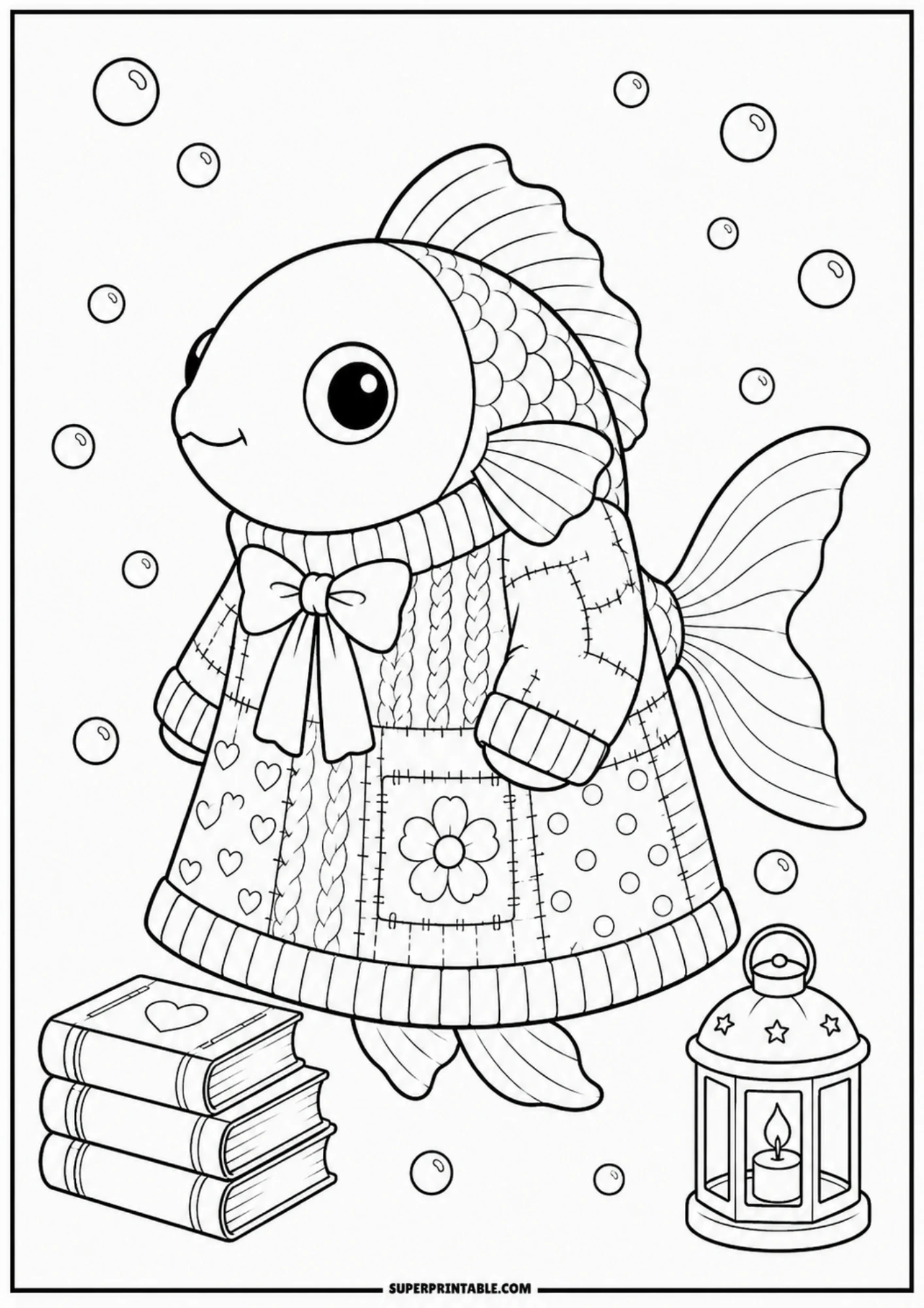 A line drawing of a fish wearing a thick knitted sweater with cable patterns, next to a stack of books and a lantern with a burning candle.