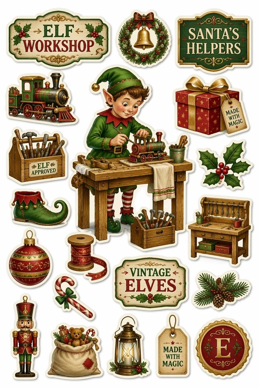 Vintage elf painting a toy steam train at a wooden workbench with stickers of a nutcracker, toolbox, elf shoes, ornaments, and holiday signage.