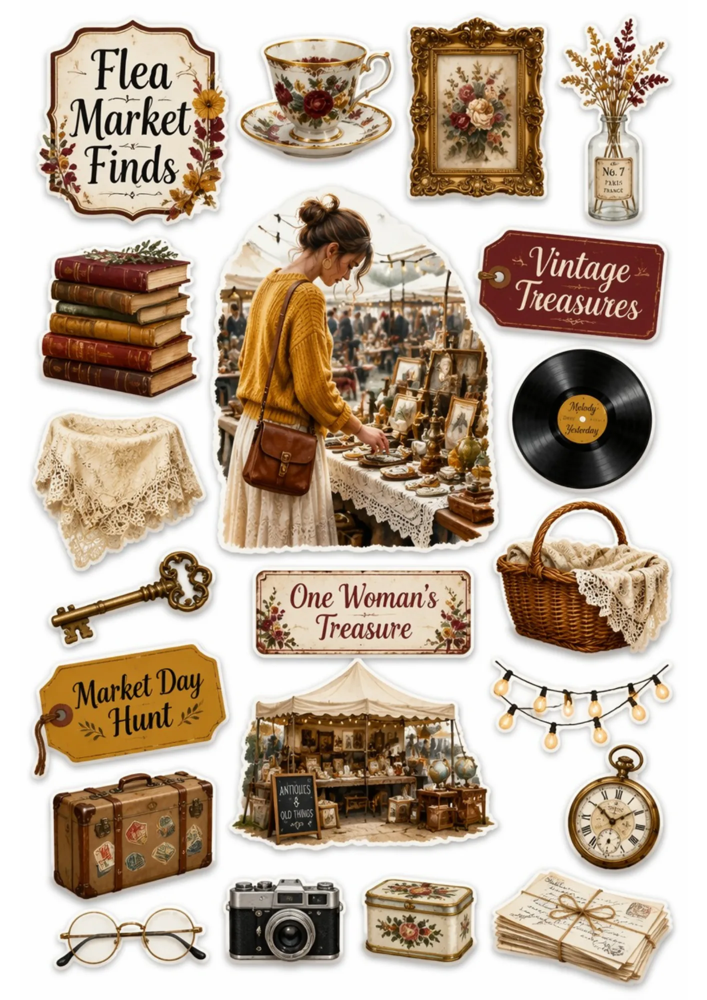 Vintage flea market sticker sheet depicting an antique market stall, old books, teacups, cameras, skeleton keys, and pocket watches.