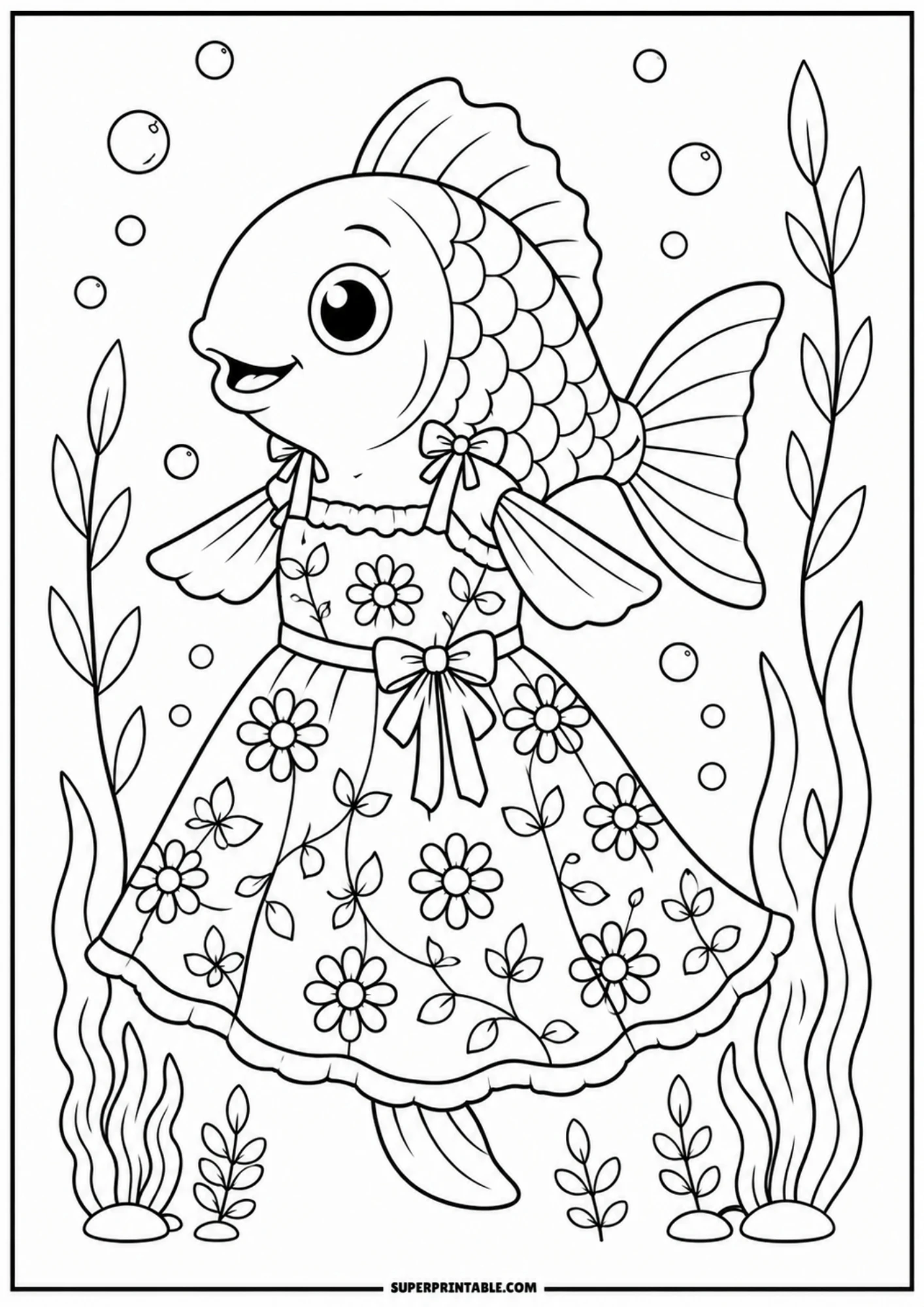 A line drawing of a fish wearing a floral print dress with a ribbon bow, swimming between tall stalks of sea grass with bubbles floating above.
