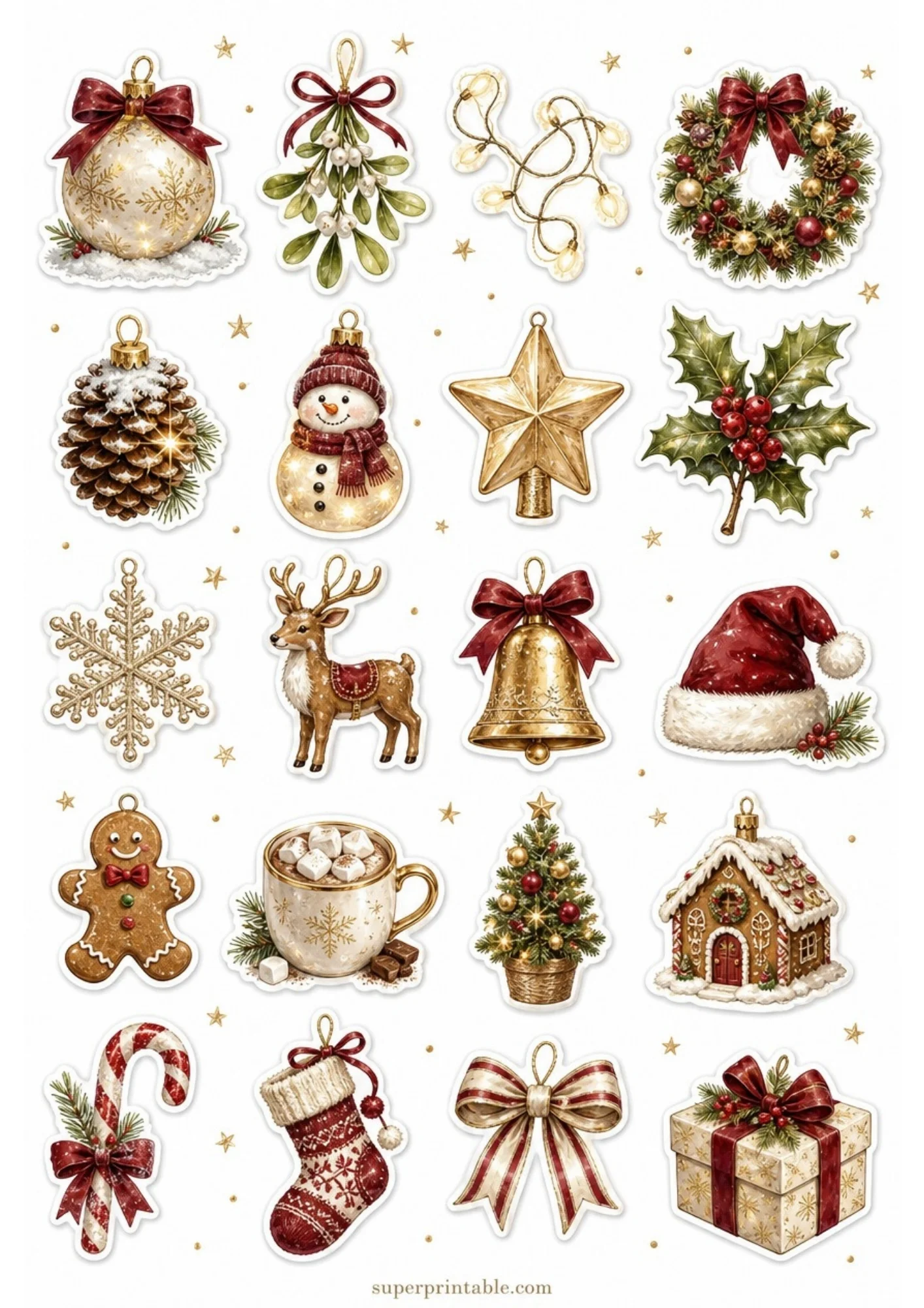 A sheet of twenty vintage style watercolor Christmas stickers featuring golden pinecones, wreaths, reindeer, and burgundy ribbons with white die-cut borders.