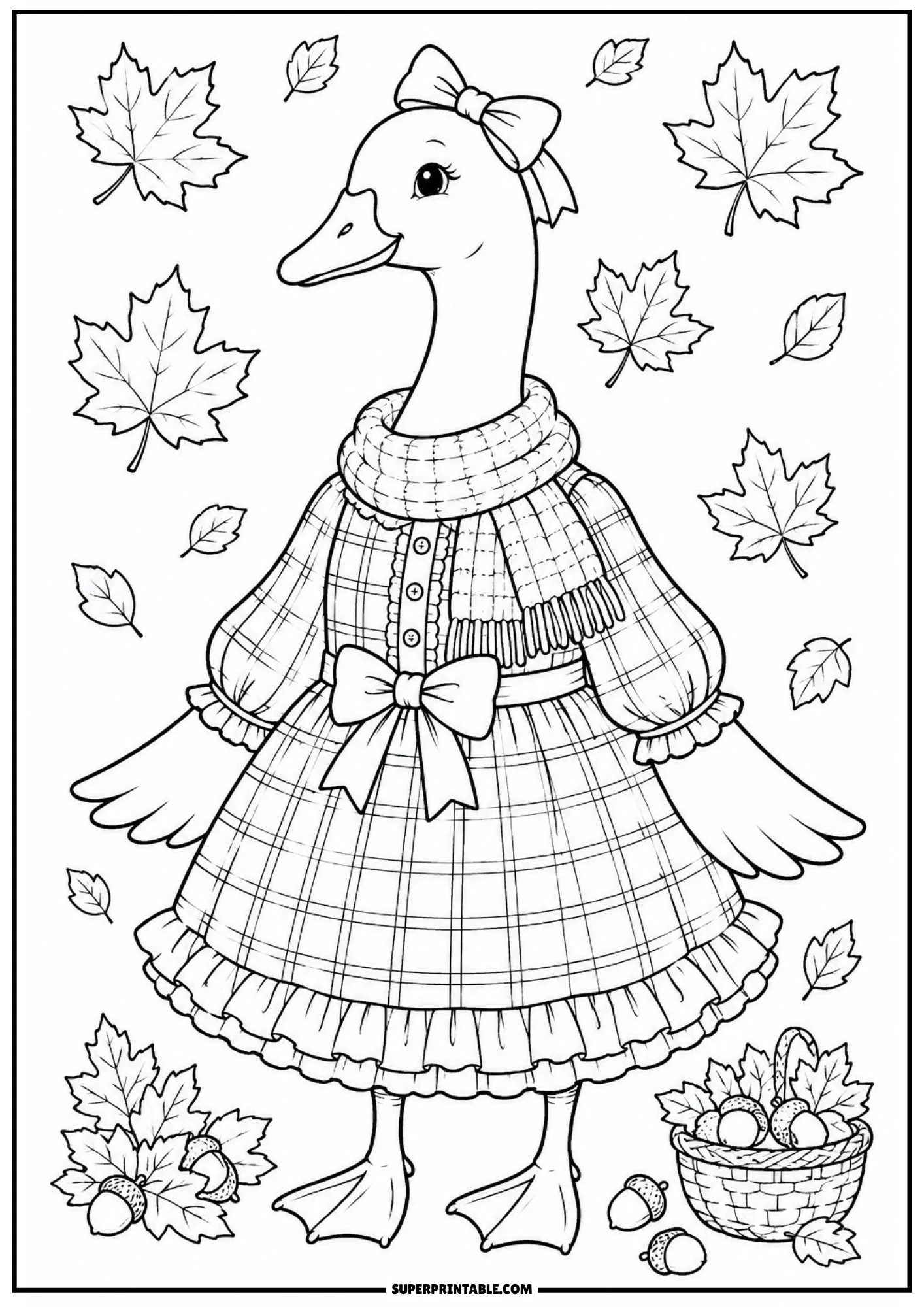 An autumn-themed vintage goose wearing a plaid dress and a warm knitted scarf, surrounded by falling leaves and a basket of acorns.
