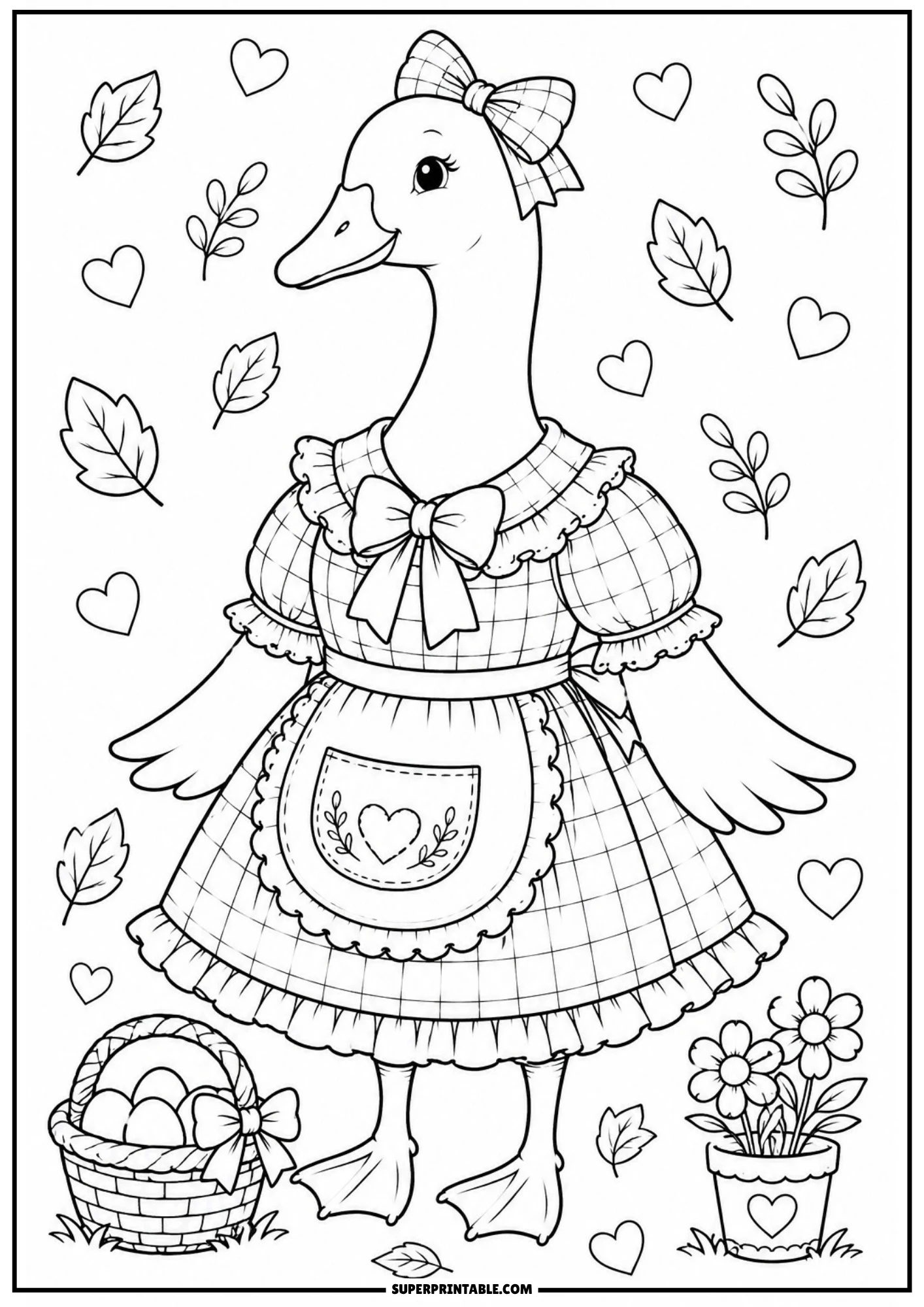 A vintage goose wearing an apron with a heart pocket, standing near a basket of eggs and a potted daisy flower.