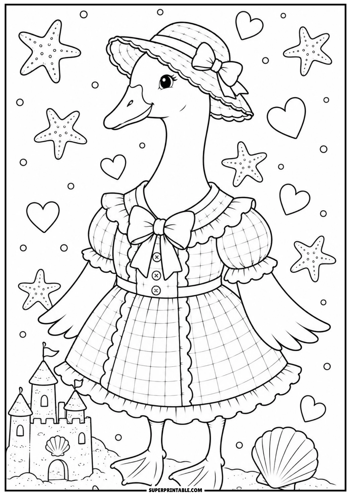 A vintage goose wearing a sun hat and plaid dress standing on a beach next to a sandcastle, seashells, and starfish.