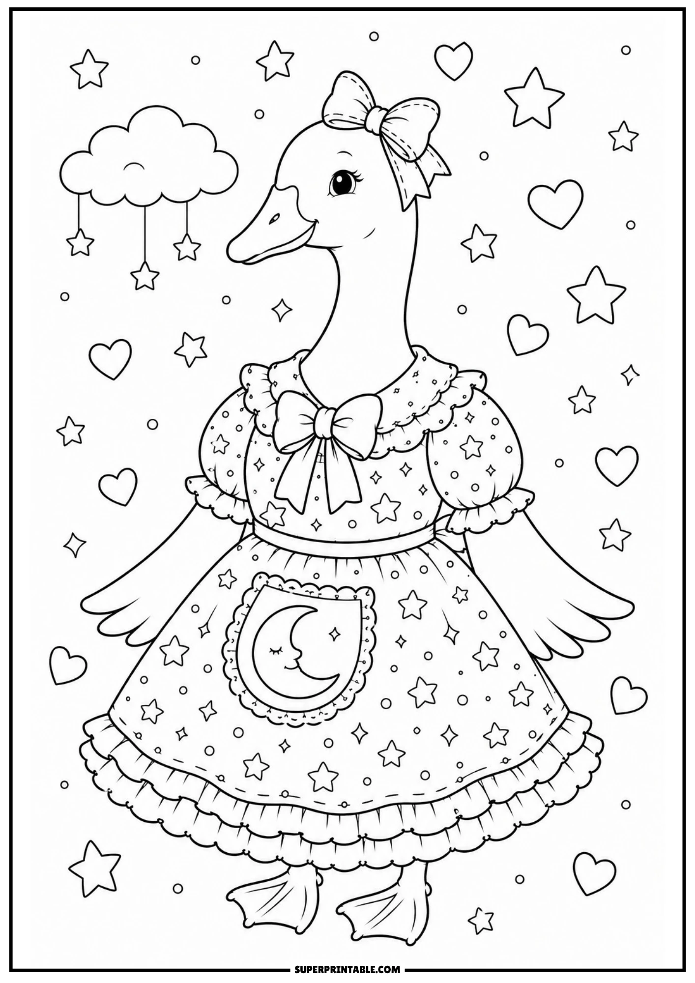 A sleepy vintage goose wearing a starry dress and crescent moon apron under a hanging cloud mobile with stars.