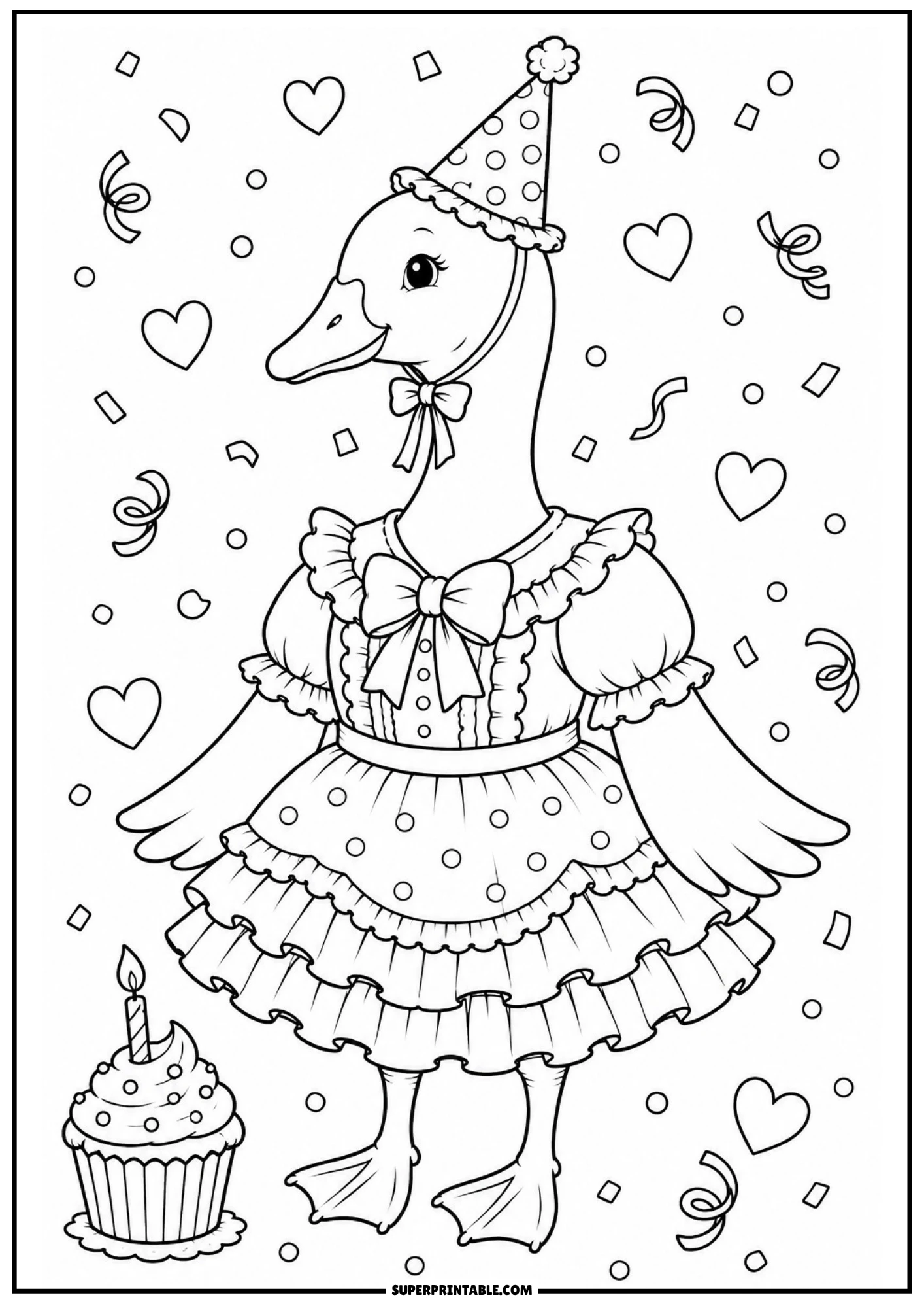 A vintage goose wearing a birthday party hat and ruffled dress, standing next to a cupcake with a lit candle, amid falling confetti.