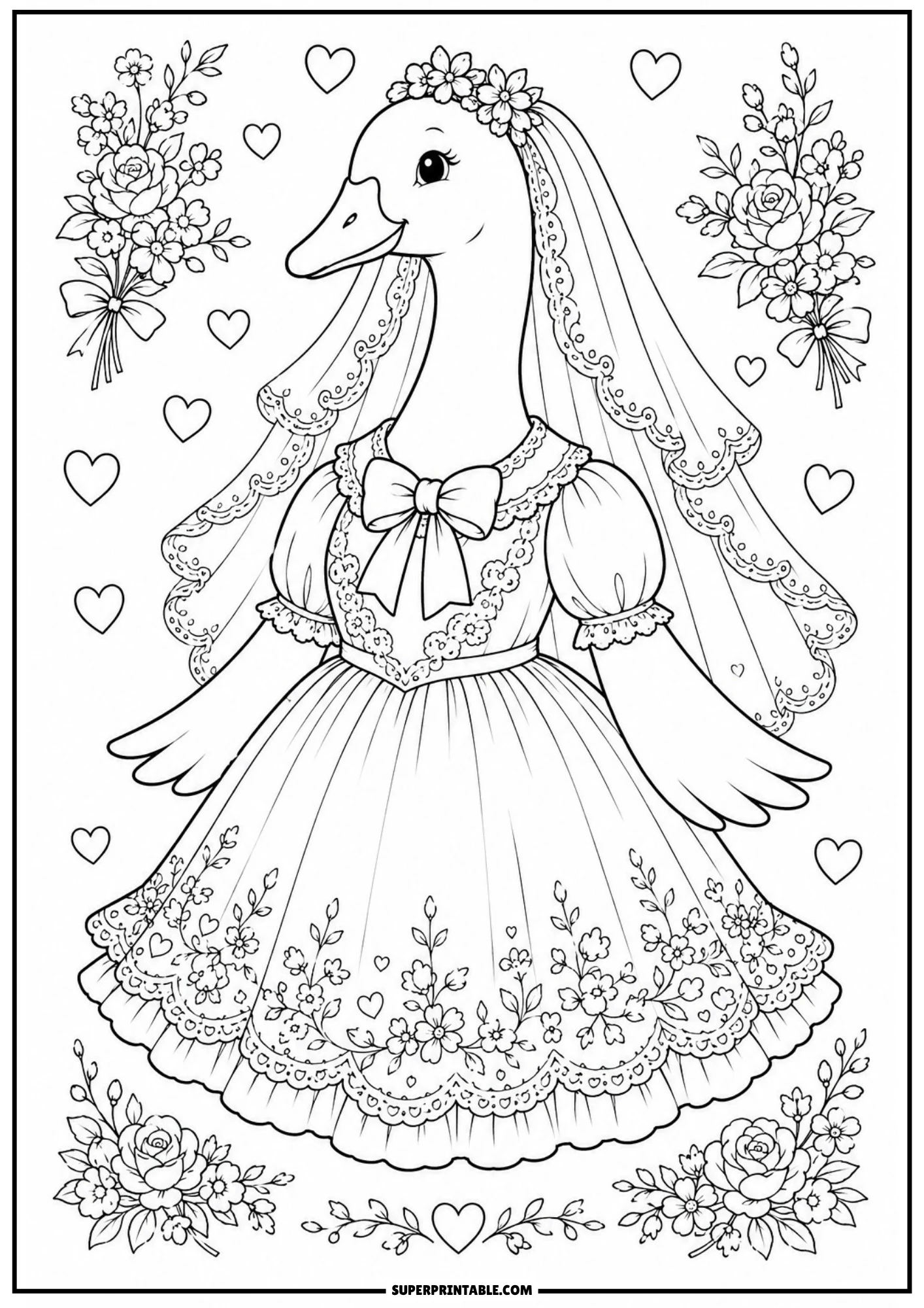 A vintage goose dressed as a bride in a detailed wedding gown and a long veil with a floral crown, surrounded by roses and hearts.