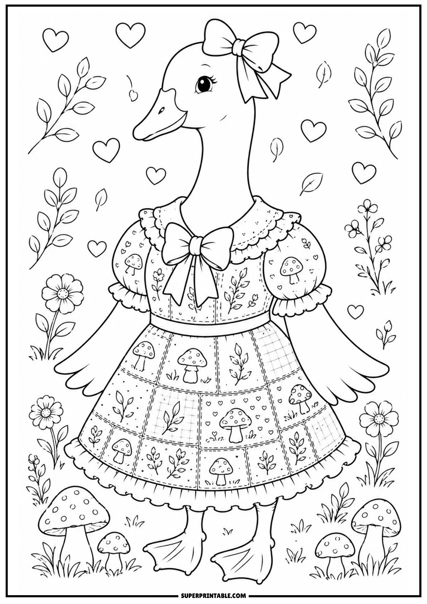 A vintage goose wearing a mushroom-patterned dress standing in a forest setting near growing mushrooms and wildflowers.