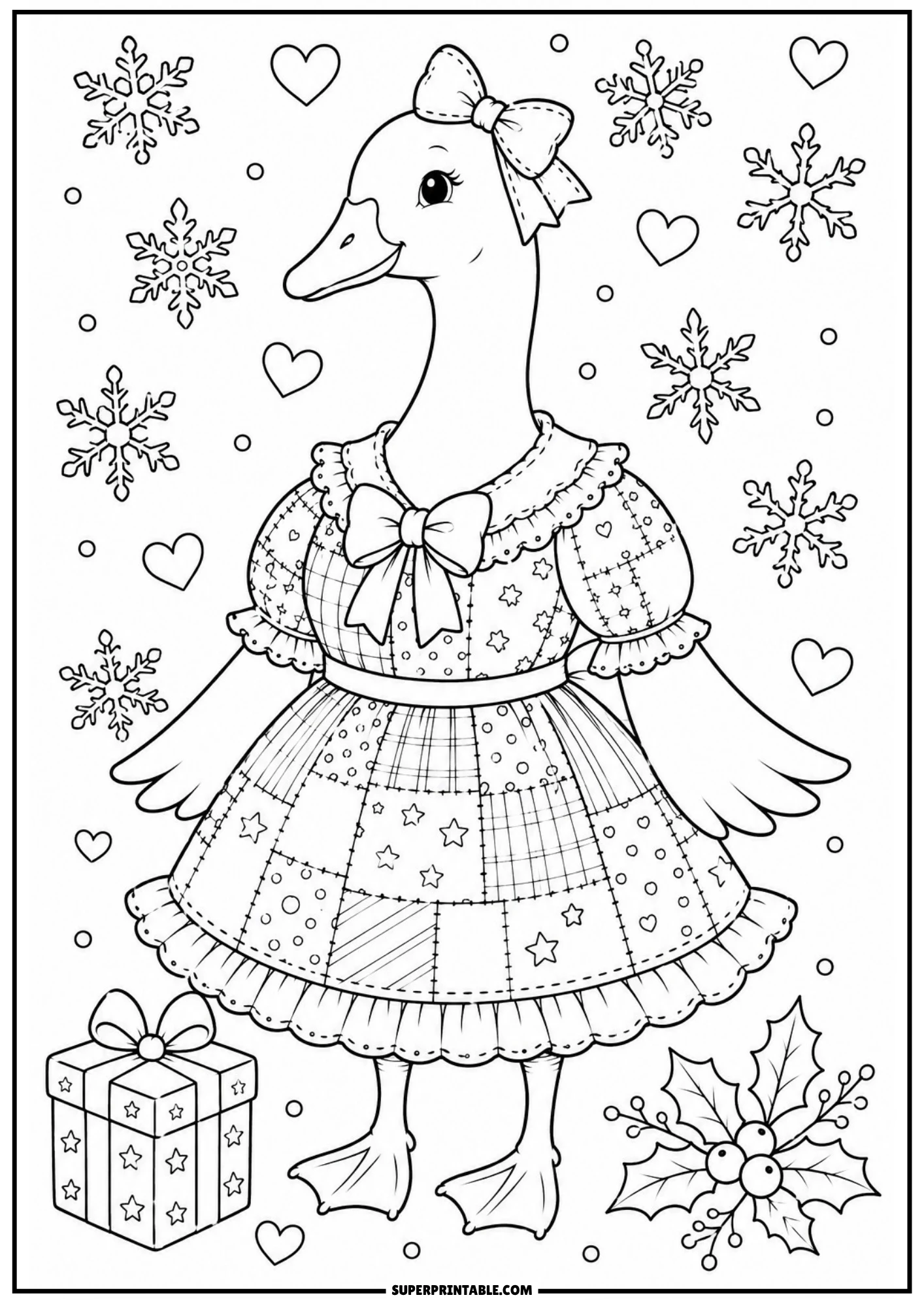 A vintage goose wearing a patchwork dress next to a holiday gift box and holly branch, with snowflakes and hearts in the background.