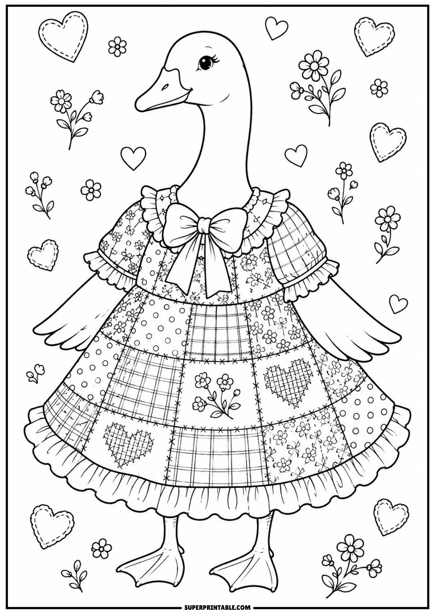 A vintage goose wearing a ruffled patchwork dress with a big bow, surrounded by hearts and small flowers.