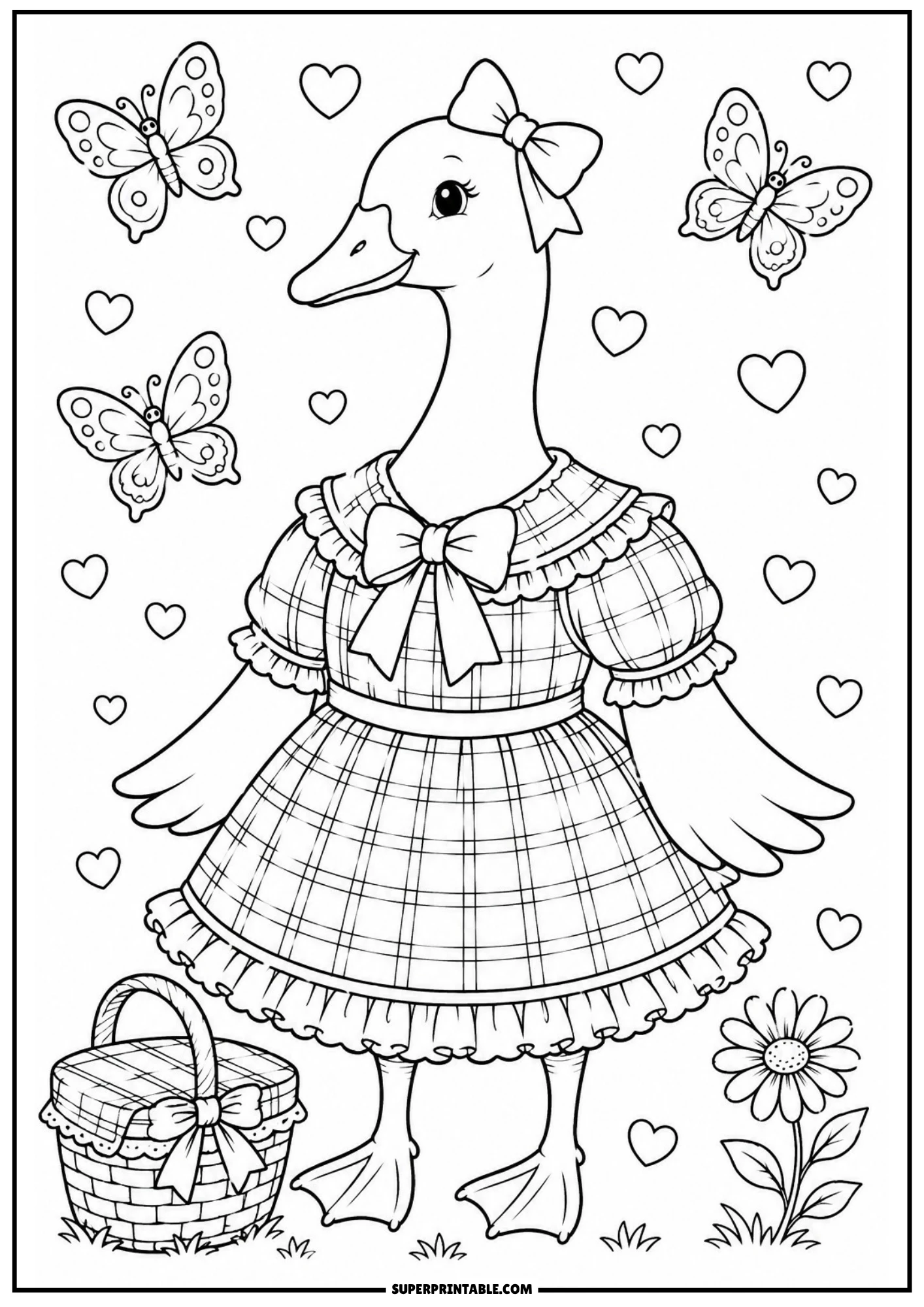 A vintage goose in a plaid dress next to a picnic basket and a daisy, with butterflies and hearts floating around.