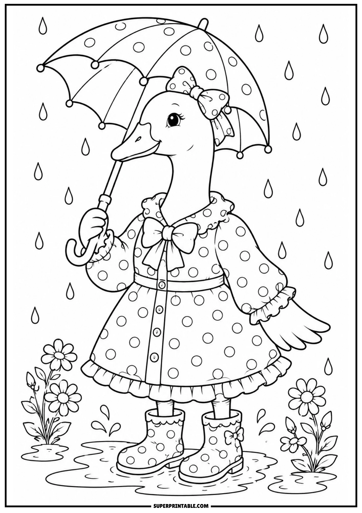 A vintage goose wearing a polka-dot raincoat and matching rain boots while holding an umbrella in the rain with puddles.