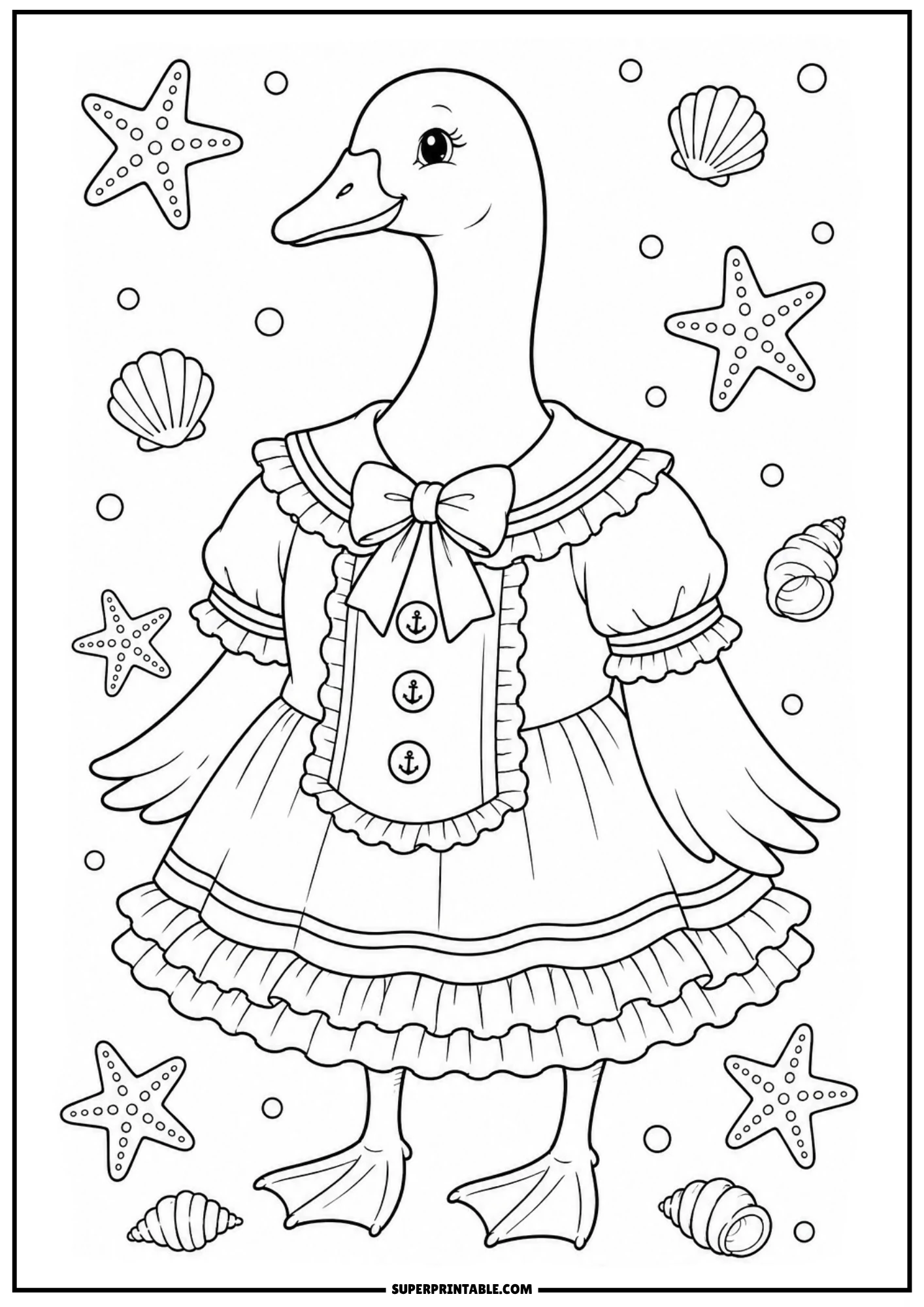 A vintage goose wearing a sailor dress with anchor buttons, standing in a sea-themed scene with starfish and seashells.