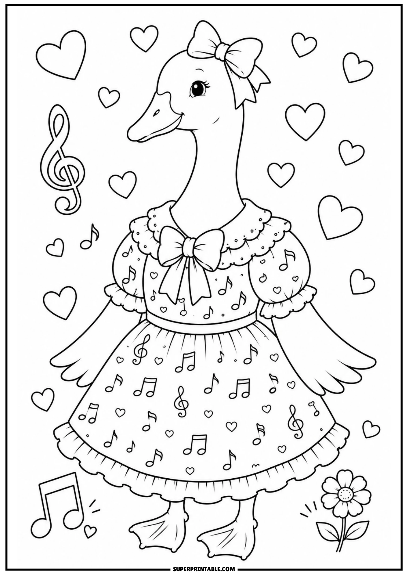 A vintage goose in a musical note print dress standing under floating treble clefs and musical symbols.