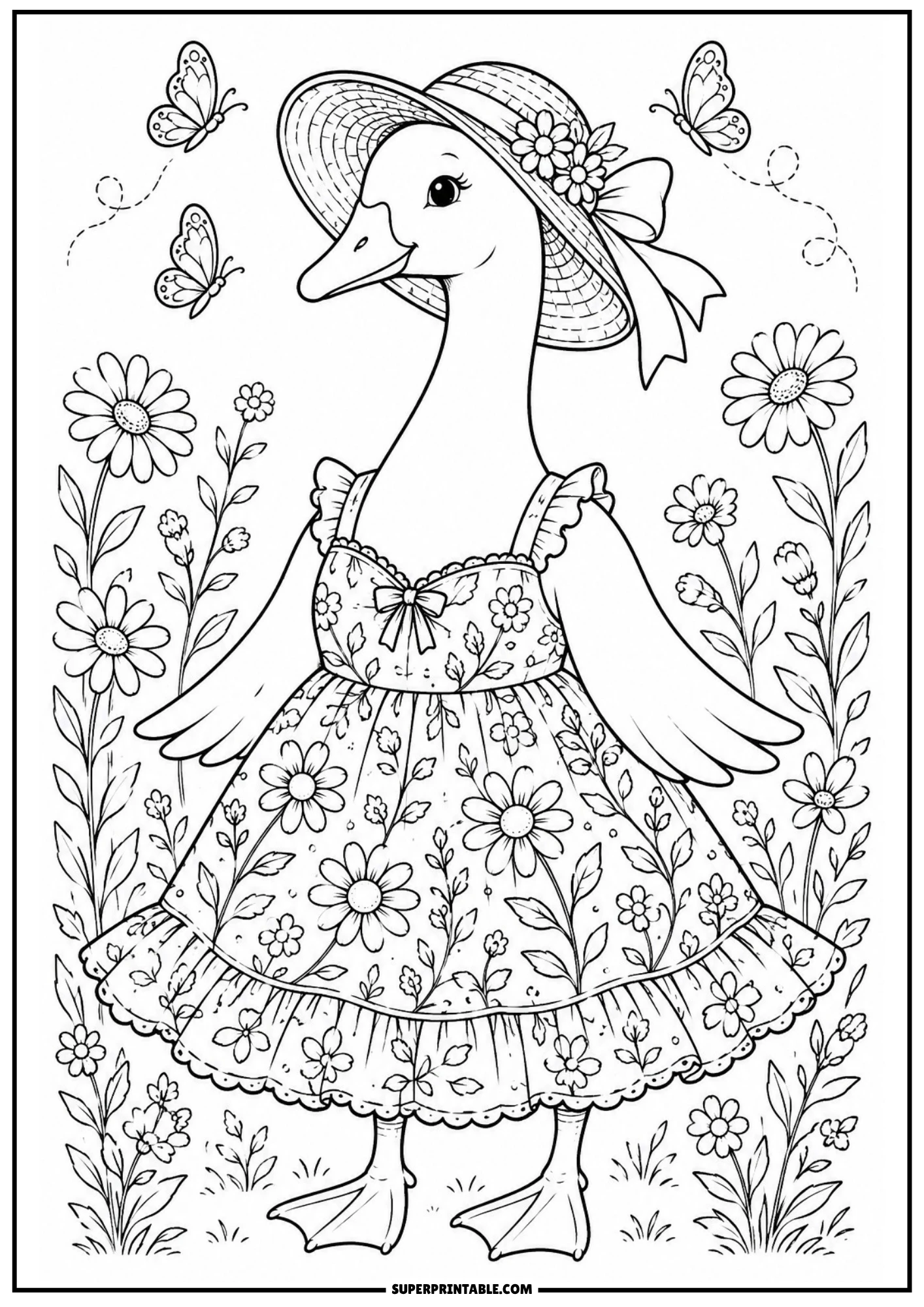 A vintage goose wearing a floral print dress and a straw hat with a bow, standing in a field of wildflowers with butterflies.