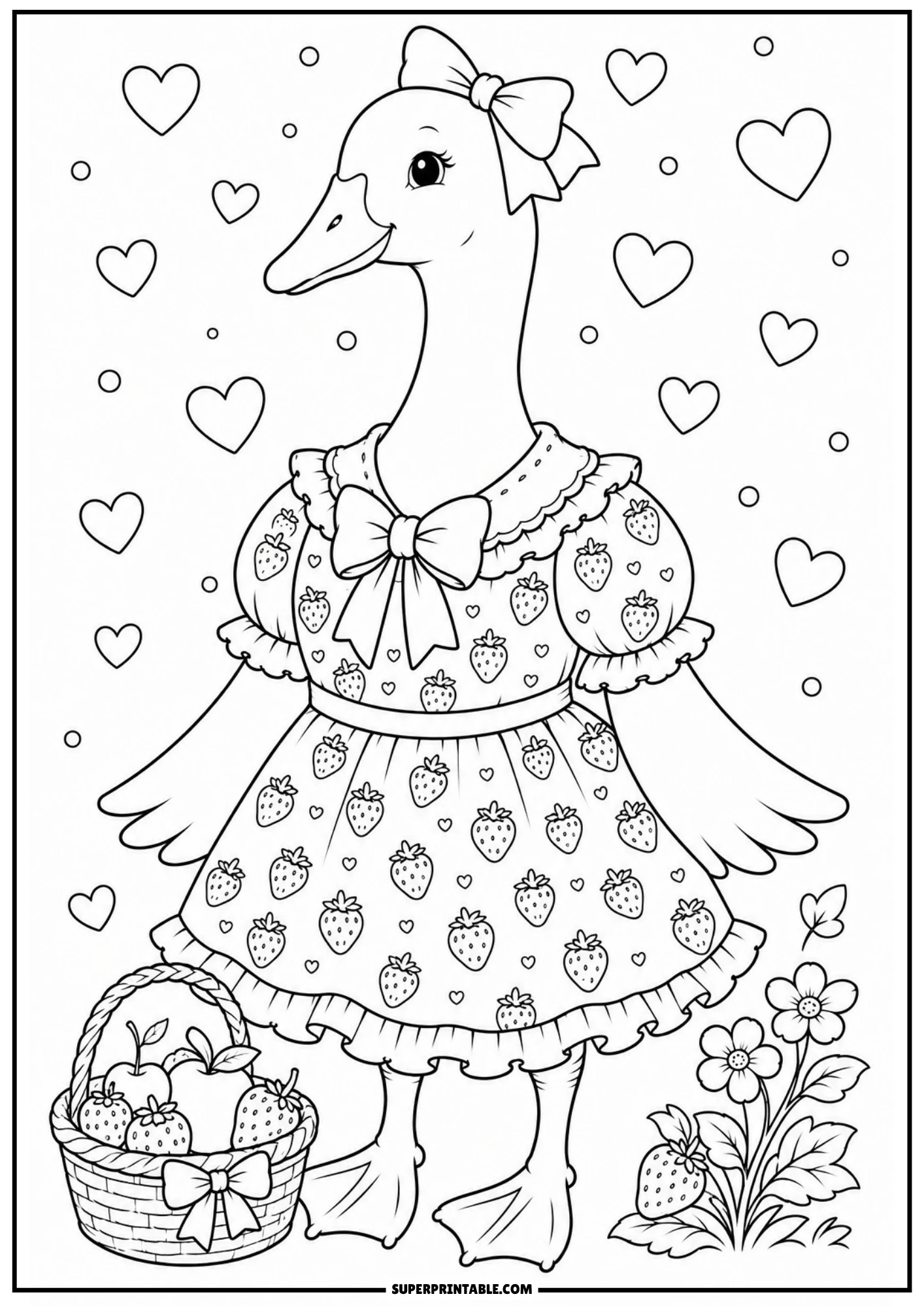 A vintage goose wearing a strawberry print dress standing next to a basket filled with strawberries and apples.