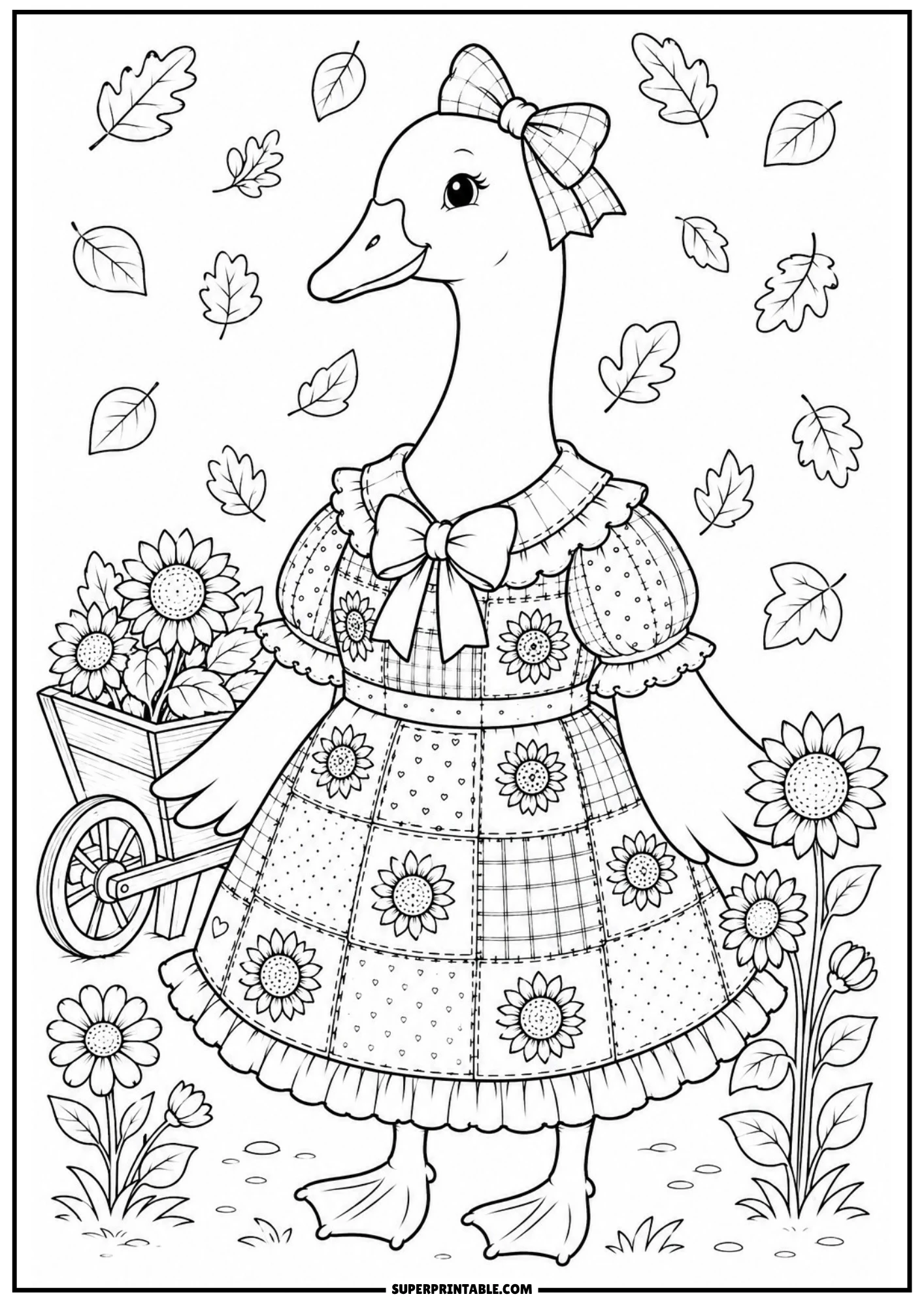 A vintage goose in a sunflower print patchwork dress standing near a wheelbarrow of sunflowers and falling leaves.