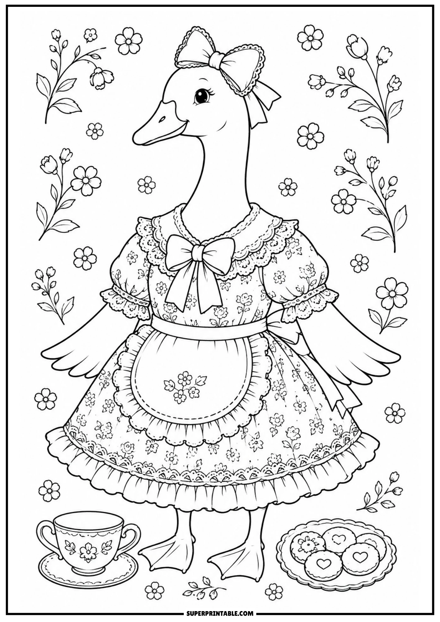 A vintage goose dressed in a floral apron and dress, standing beside a tea set and a plate of heart-shaped cookies.