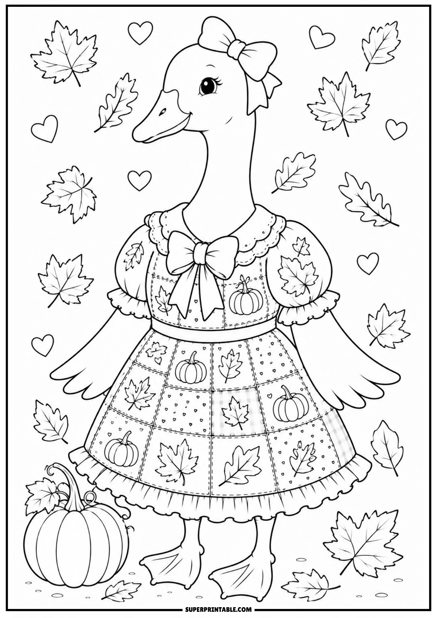 A vintage goose wearing a pumpkin-themed patchwork dress standing next to a large pumpkin on the ground with falling autumn leaves.