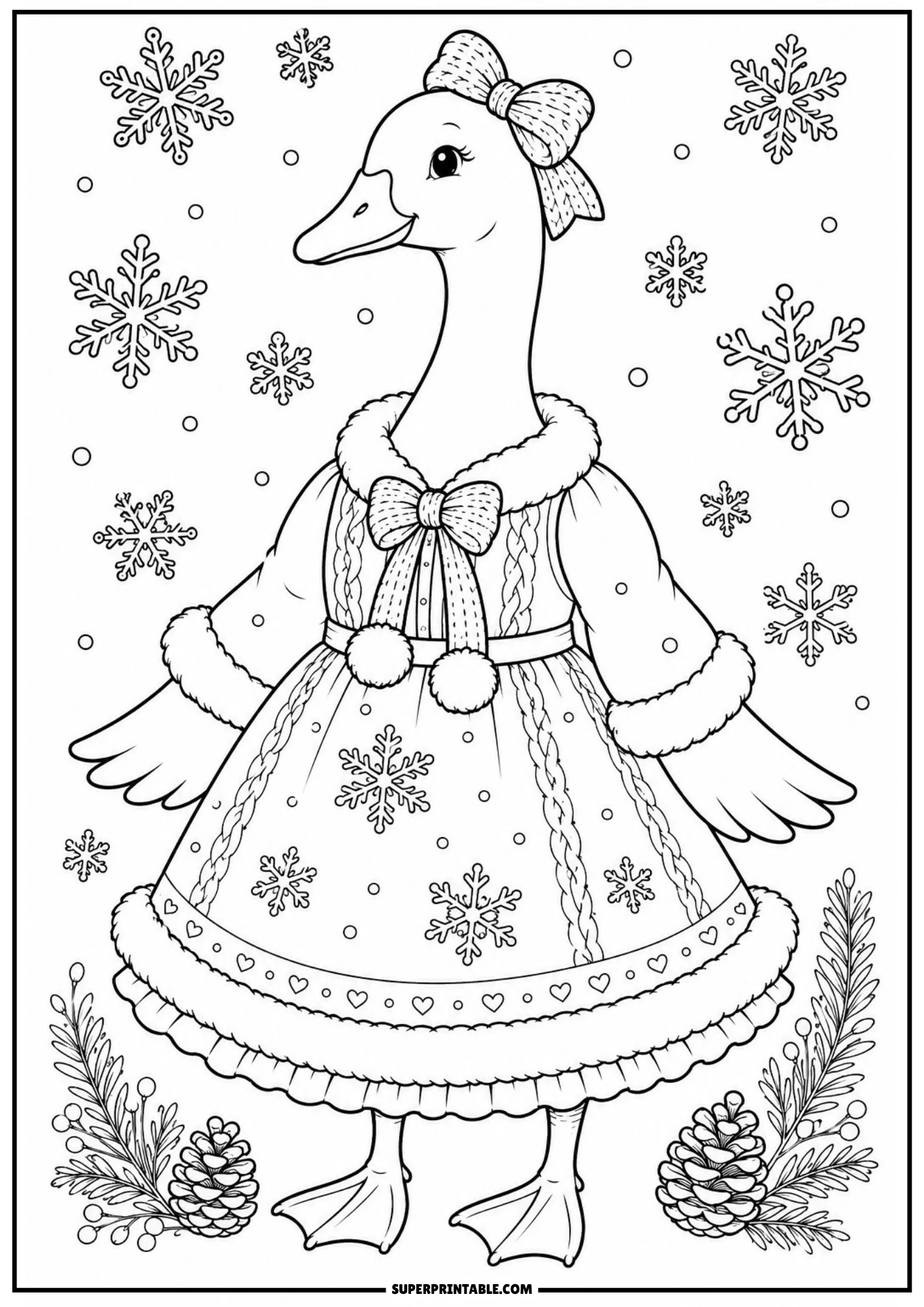 A winter-themed vintage goose wearing a fur-trimmed dress and a hairbow, standing in a snowy setting with snowflakes and pinecones.