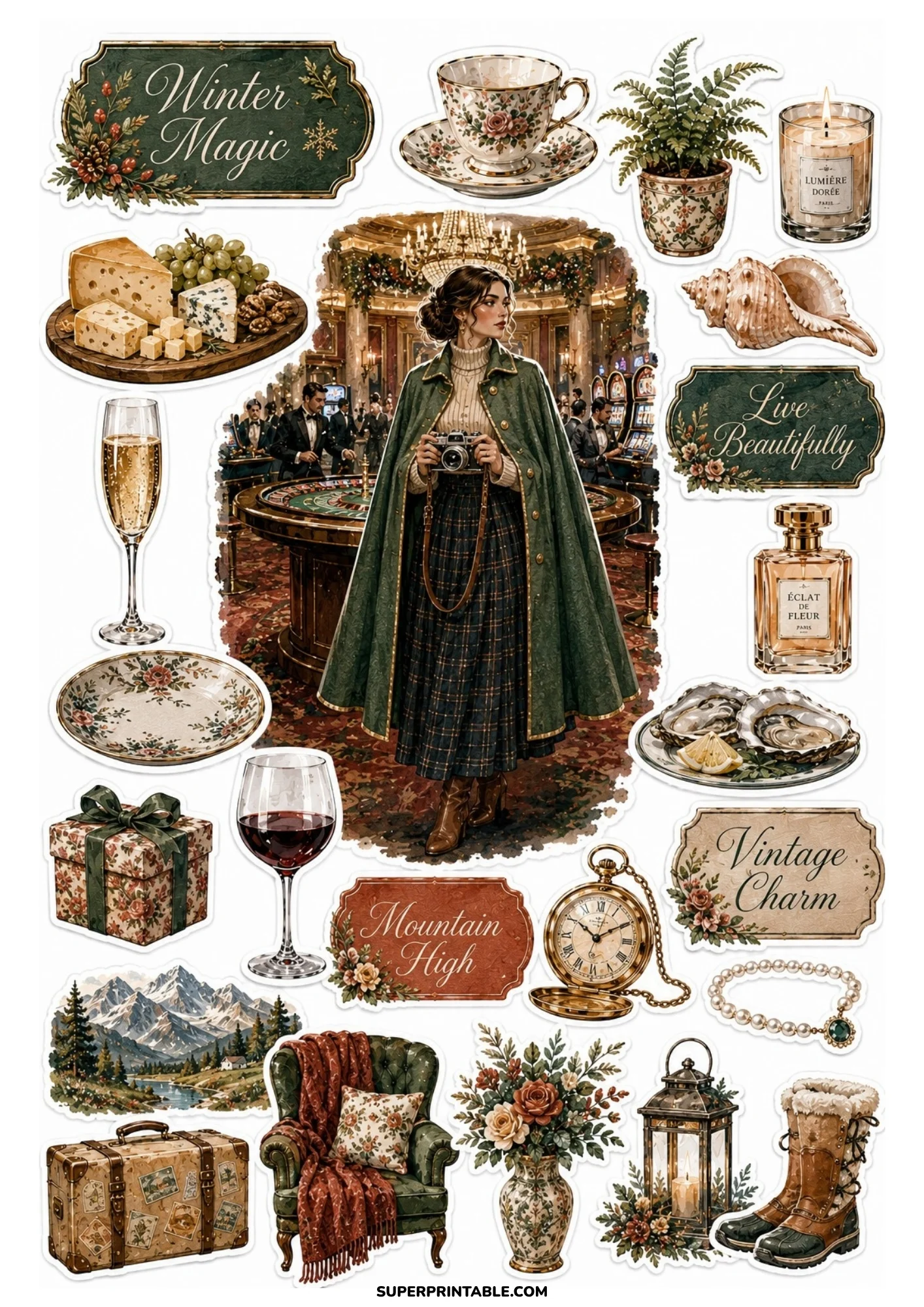A printable sticker sheet displaying a woman in a green cape coat holding a camera, alongside a cheese platter, green armchair, suitcase, and boots.