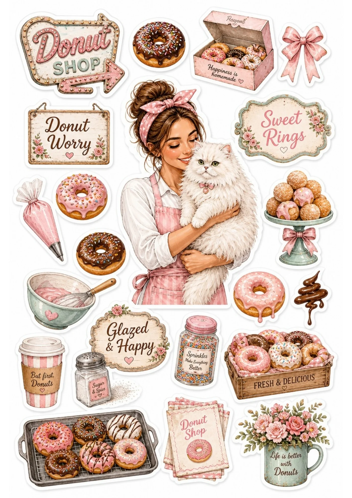 A girl in a retro apron using a vintage stand mixer with a white cat. Surrounding stickers include vintage kitchen scales, baking tins, and text saying 'Bake with Love' and 'Sweet Moments'.